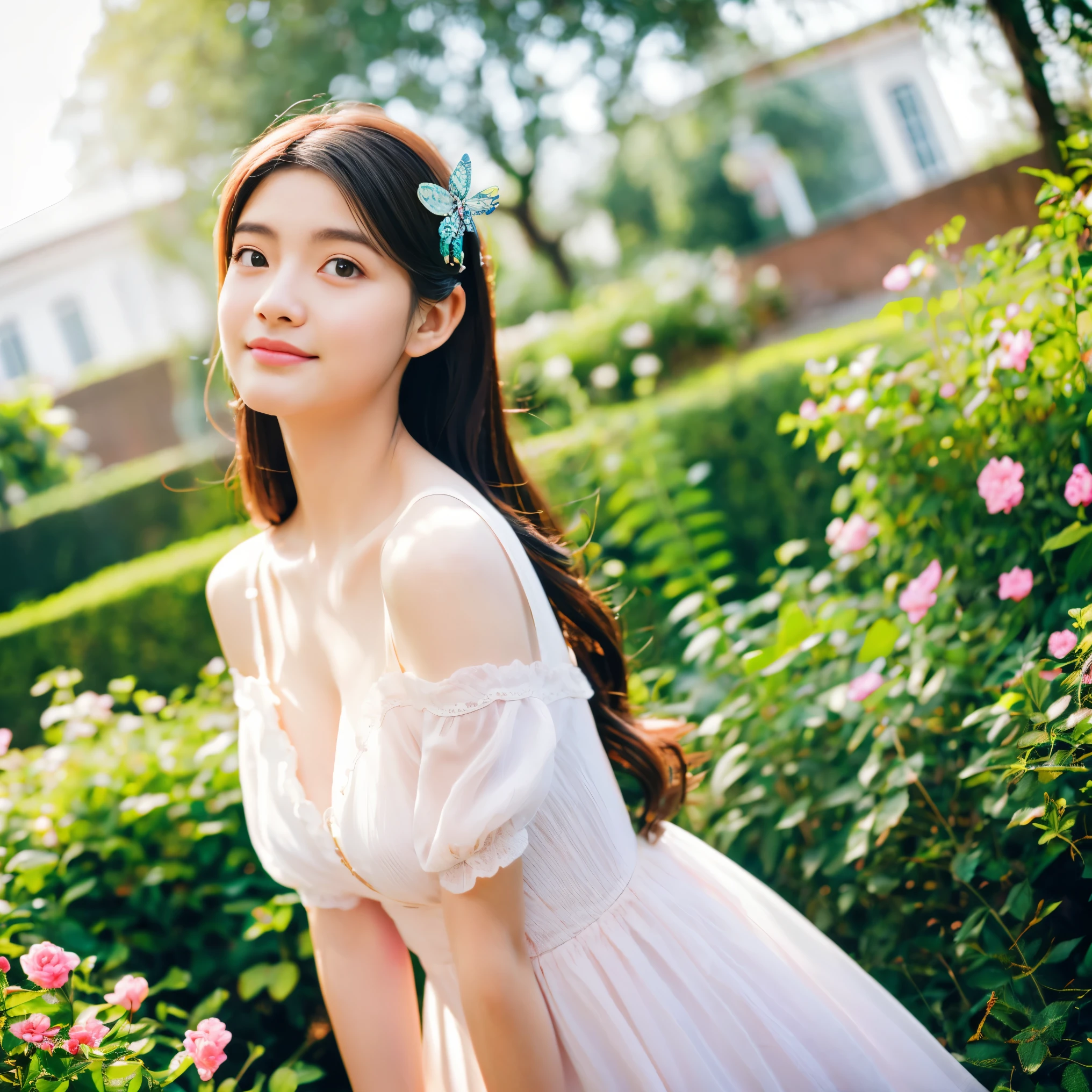 A girl in a garden,illustration,(best quality,4k,8k,highres,masterpiece:1.2),ultra-detailed,realistic:1.37,vivid colors,portraits,soft sunlight,flowers in bloom,butterflies dancing,grassy field,lush greenery,peaceful atmosphere,feminine beauty,gentle breeze,serene expression,delicate features,flowing dress,daydreaming vibe,loose flowing hair,natural beauty,harmonious colors,soft pastel tones,warm natural light