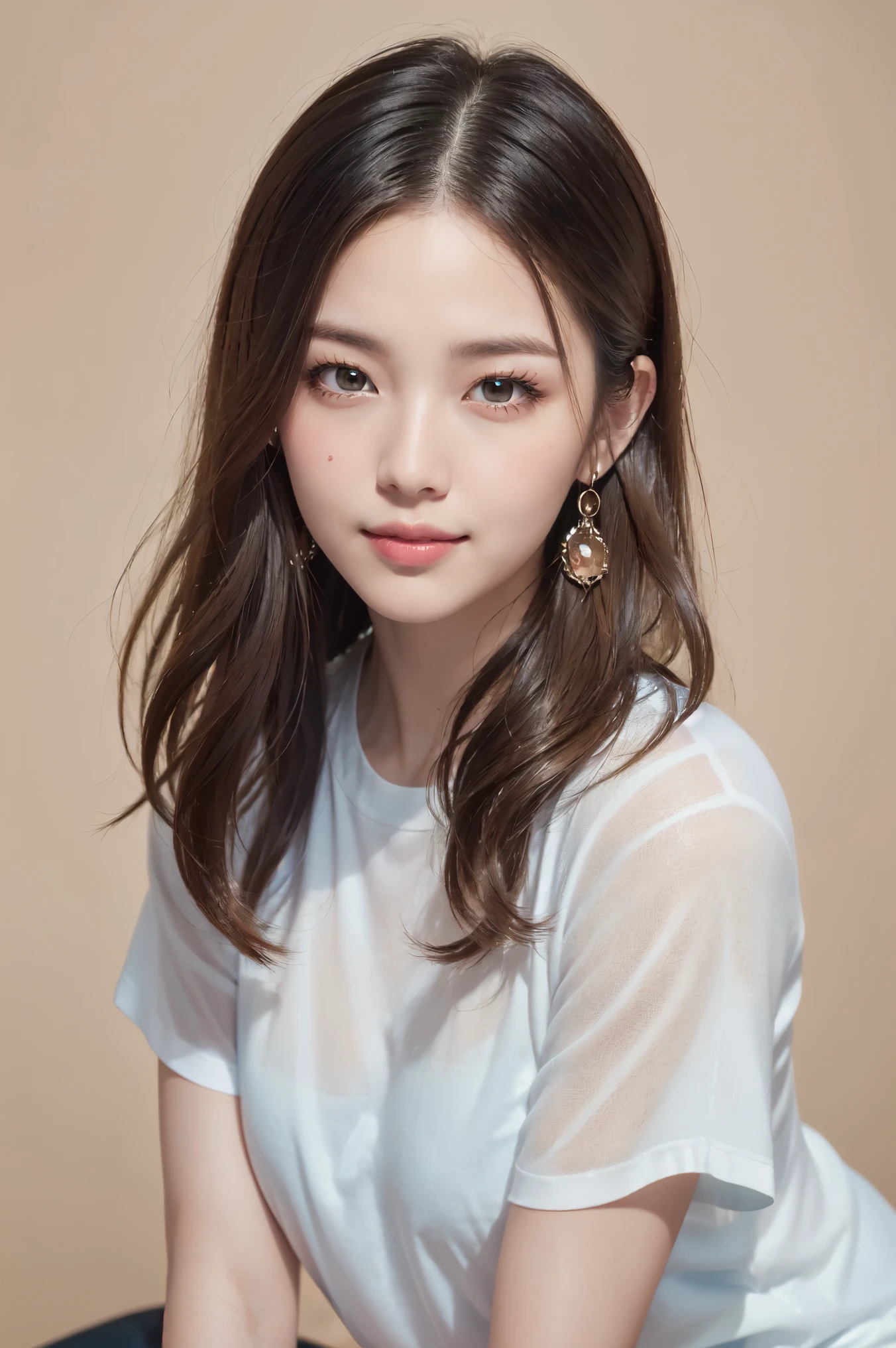 200 lb round,Plain T-shirt,obesity,Are fat,gal,enough upper arms,27 years old,obesity,eyeliner,((highest quality, 8K, masterpiece: 1.3)), 1 girl,long hair, super fine face, delicate eyes, double eyelid, smile, simple background