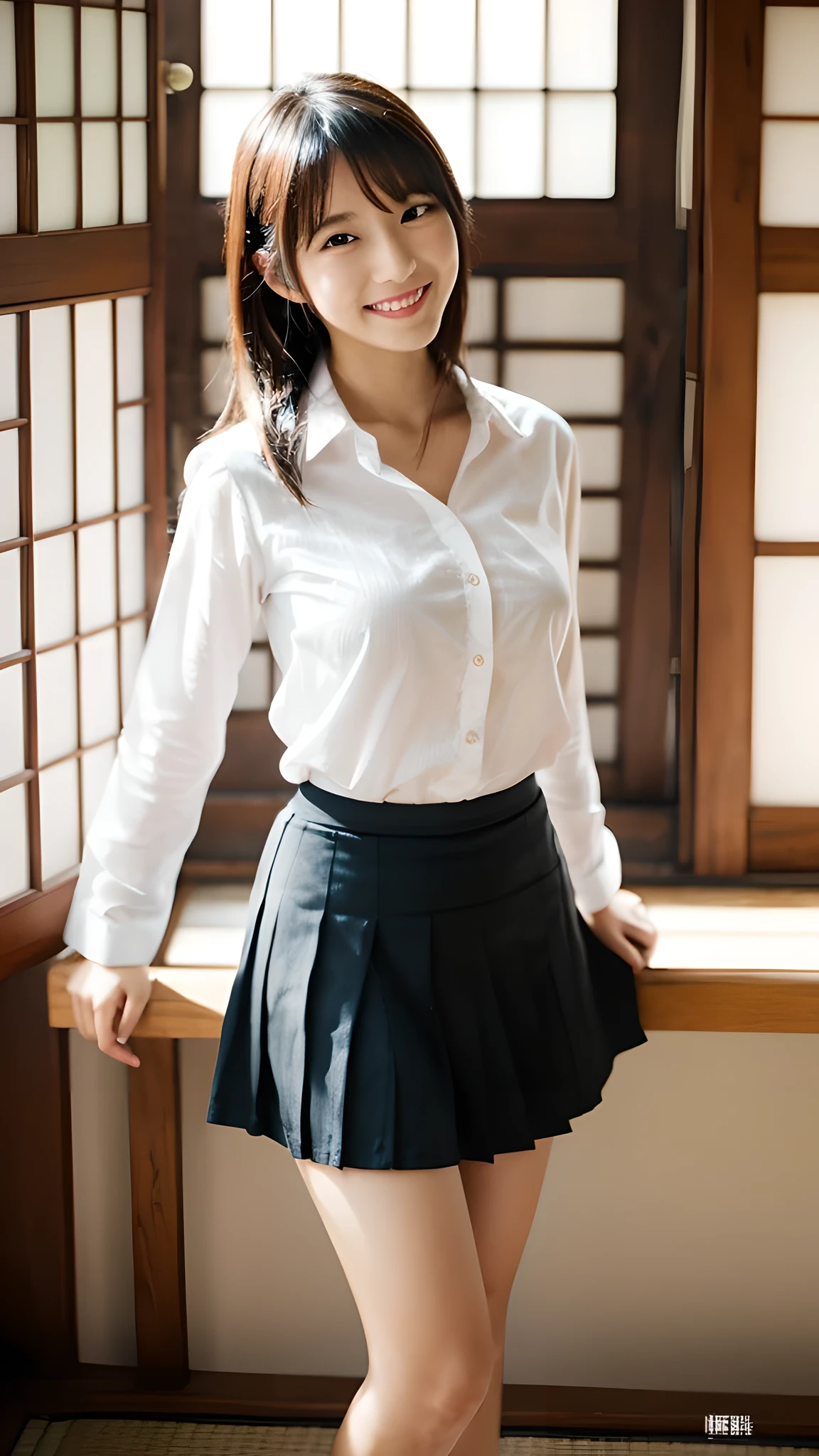 1 girl, Japanese, beautiful, cute, Above Knee Skirt, smile, whole body, happiness, Cinematic brilliance, medium breasts, inside the room, white shirt, standing pose