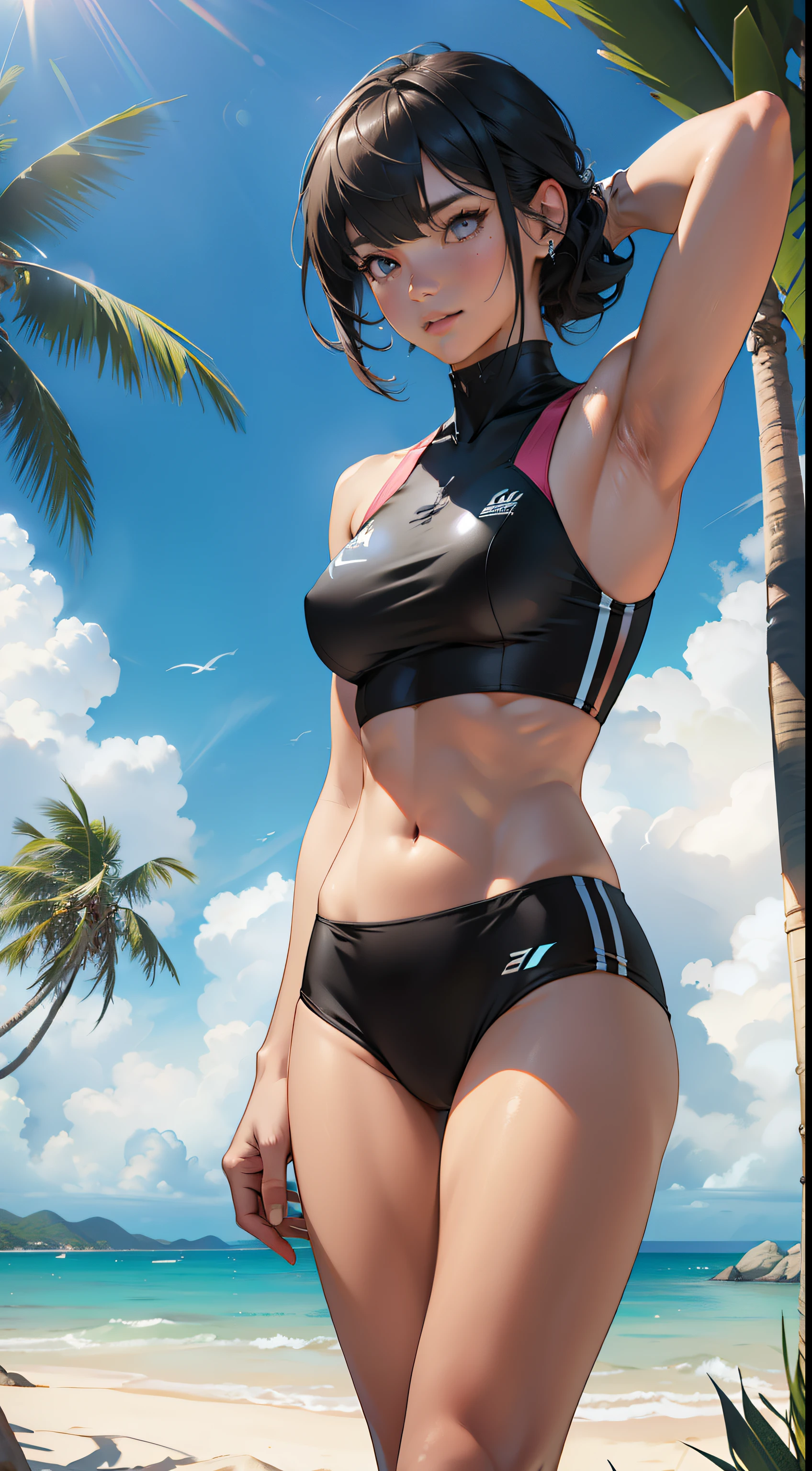 tropical island, beach, palm trees, ocean, beach ball, sand, sky, clouds, sun, sun light, (masterpiece), best quality, 8k, 4k, hd, hires, best quality, masterpiece, ultra-high detailed, hyper-detailed, intricate details, photo-realistic, beautiful details, studio lighting, detailed clothing, highly textured clothing, satin lighting, hyper resolution, insanely detailed, young woman, fit body, slender arms, nice thighs, two piece swimsuit, 2piece