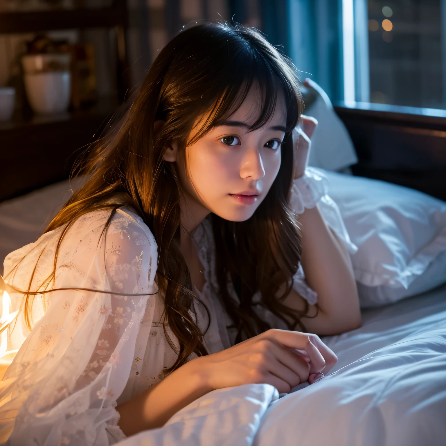 (best quality,realistic:1.2)A young woman waking up in a transparent white nightgown, candid