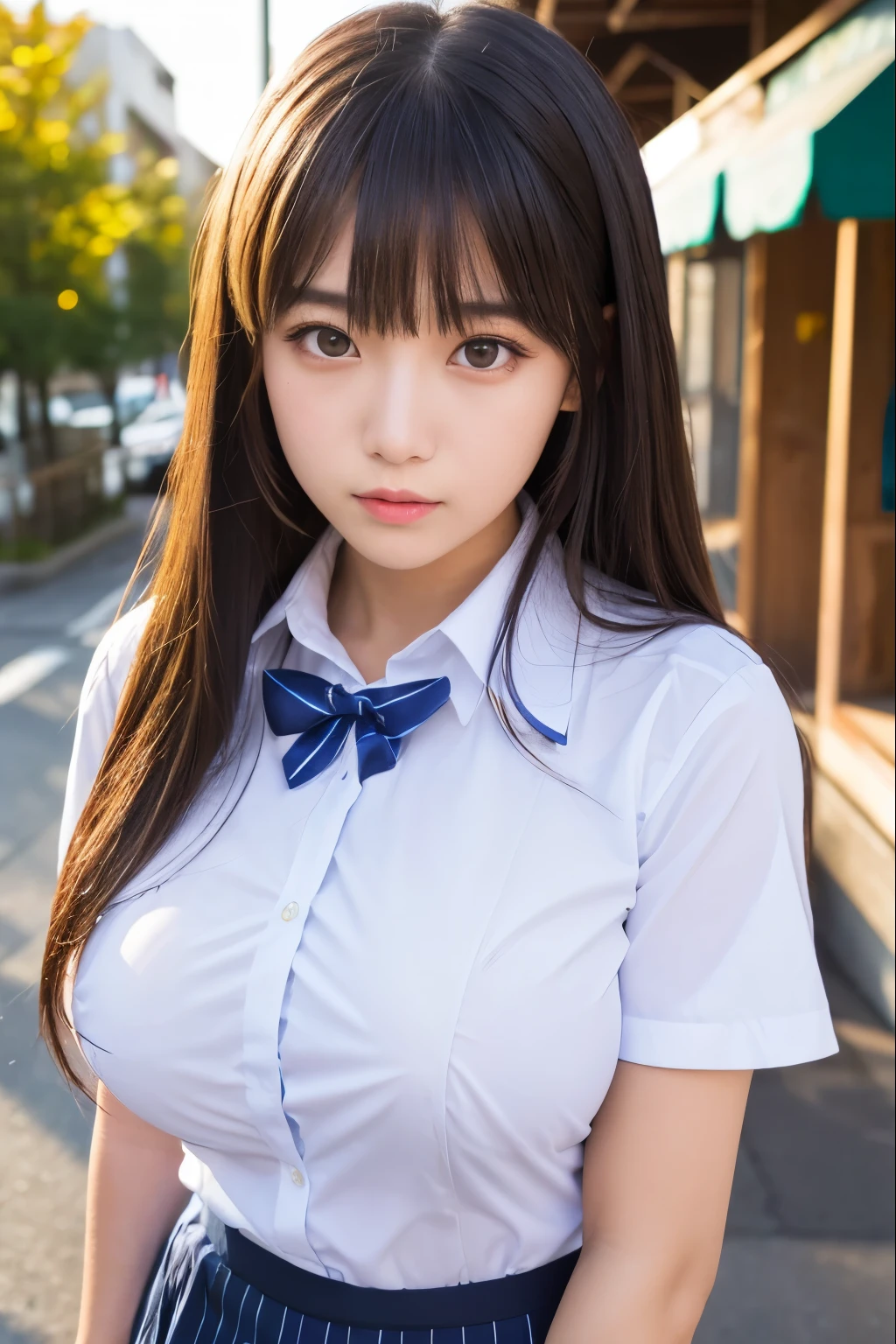 (Best Quality:1.2), Raw photo, High resolution, perfect detail, Professional Photography, Professional Lighting, Sharp Focus,
Angelic Very beautiful cute girl, Japanese girl, Beautiful detailed face and eyes, Detailed double eyelids, droopping eyes,
Long dark hair, with bangs, round face,
(huge breast:1.3), beautiful legs,
(high school student:1.1), (school uniform), thin waist, outdoor, Coffee shop
