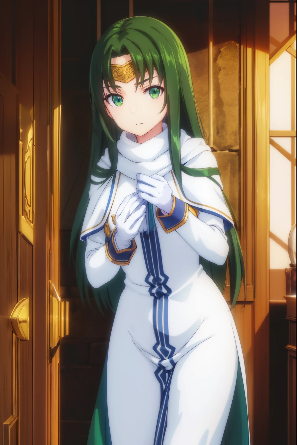 marisamarilis, maris amarilis, long hair, (green eyes:1.5), green hair, circlet,
BREAK gloves, fingerless gloves, dress, white dress, capelet, cape, scarf, white scarf, long sleeves,
BREAK indoors, castle,
BREAK looking at viewer, (cowboy shot:1.5),
BREAK (masterpiece:1.2), best quality, high resolution, unity 8k wallpaper, (illustration:0.8), (beautiful detailed eyes:1.6), extremely detailed face, perfect lighting, extremely detailed CG, (perfect hands, perfect anatomy),