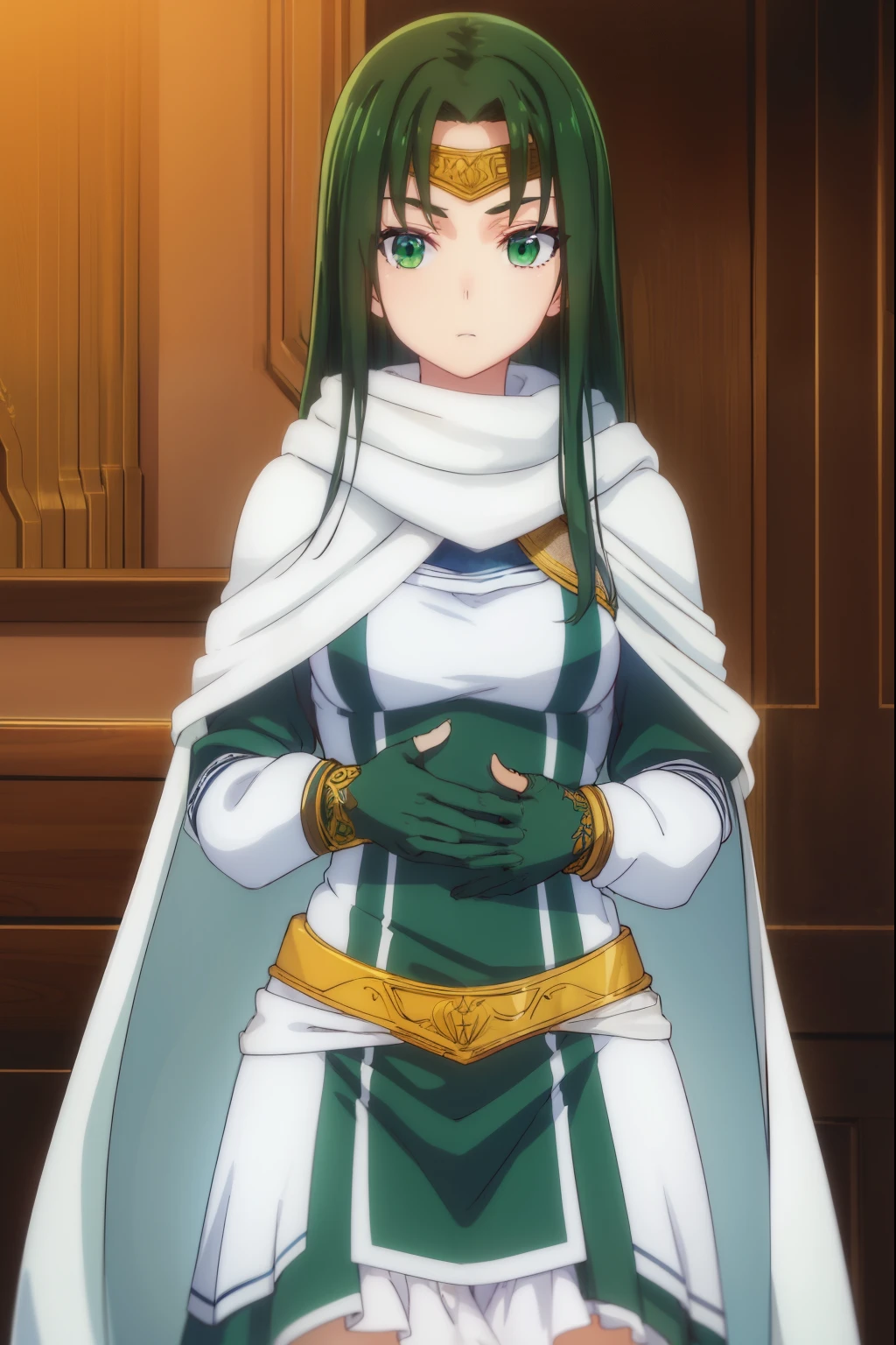 marisamarilis, maris amarilis, long hair, (green eyes:1.5), green hair, circlet,
BREAK gloves, fingerless gloves, dress, white dress, capelet, cape, scarf, white scarf, long sleeves,
BREAK indoors, castle,
BREAK looking at viewer, (cowboy shot:1.5),
BREAK (masterpiece:1.2), best quality, high resolution, unity 8k wallpaper, (illustration:0.8), (beautiful detailed eyes:1.6), extremely detailed face, perfect lighting, extremely detailed CG, (perfect hands, perfect anatomy),