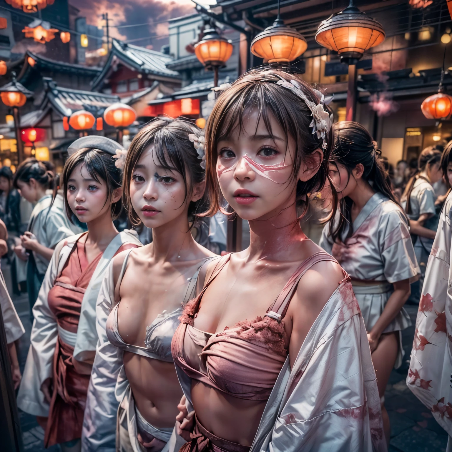((NSFW:-1.5)), (((nipple:-0.99))), ((bokeH, Acutance:0.85, ultra-detailed:1.35)), (((from below))) . The background is the downtown area at (Twilight:1.4), (((Red-dyed clouds above hed:1.3))), { The Sky takes up more than third of the composition | (many colorful Lights:1.2) | lens flare | Burning | Haze | (luminous Particles) | Mystic sight | menses | Underystemic } . (Masterpiece:1.2) of professional Analog photo with Hasselblad, (((realistic and photorealistic with touch of rawness:1.37))) . ((( A group photo of KAWAII girls in WHITE Fundoshi, at Hakata Gion Ymakasa Festival ))) . Assfocus with looking ahead .