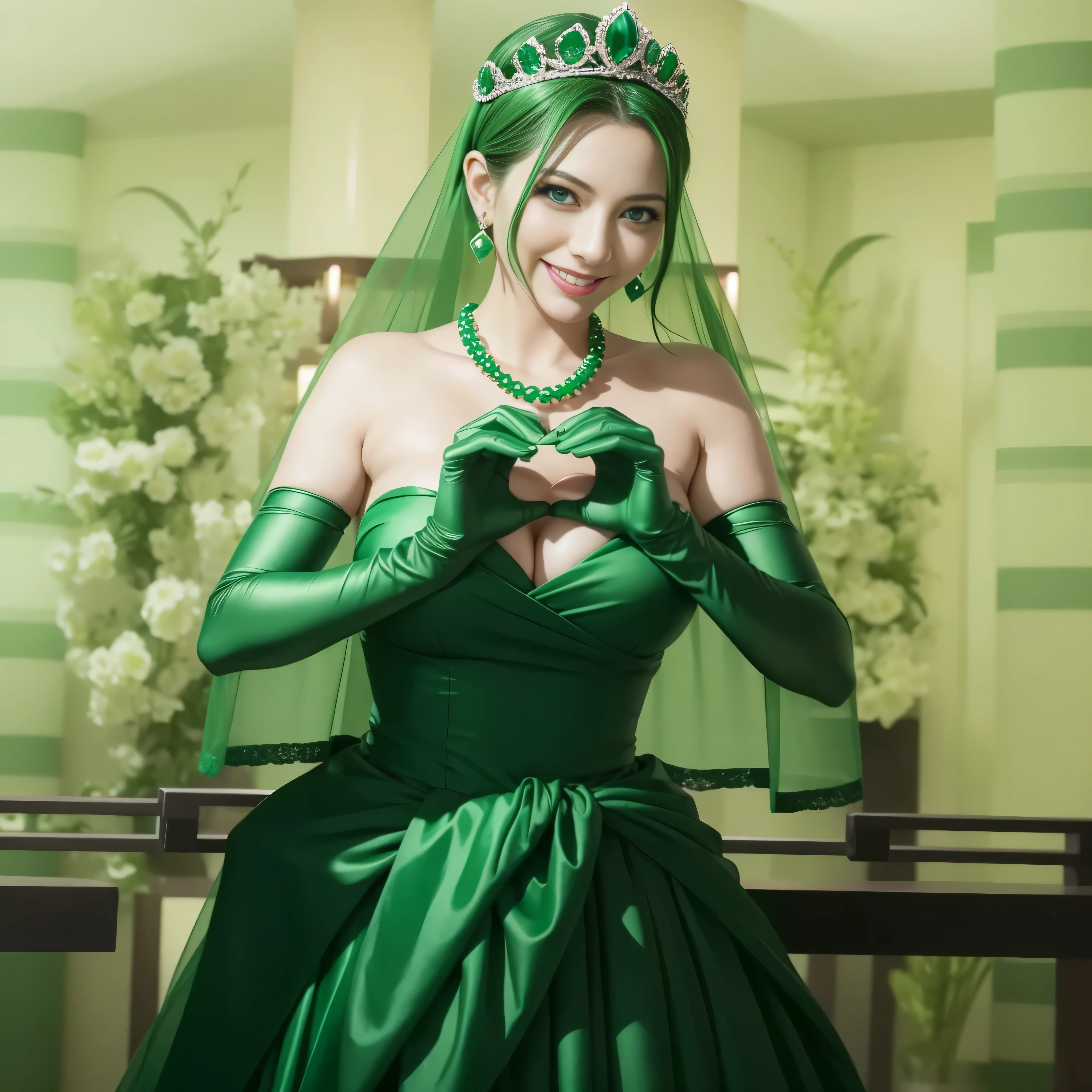 emerald tiara, green pearl necklace, ボーイッシュな非常に短いgreen hair, lipstick, Smiling woman in her 30s, very short hair,  Beauty with large breasts, green eyes, Long Green Satin Gloves, green eyes, emerald earrings, green veil, heart with both hands, green hair, Beautiful woman in her 30s, heart shaped hand:1.3