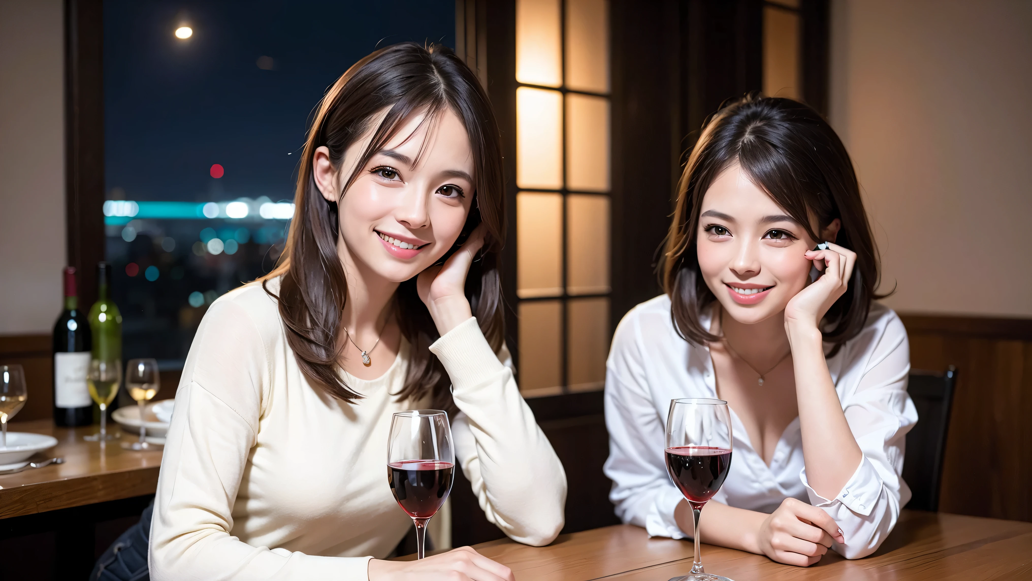 64k, UHD, highest quality, masterpiece: 1.2), (realistic, photorealistic: 1.37), Super detailed, 3 women who love wine、2 males、(slimな男女4名),(Wine party for 5 people)、(slimフェイス),Happy、 最高なsmile、Fox Face、Raccoon face、Berry Short、(because I'thin), (brown hair), (shortcut), long sleeve shirt、winter fashion、Colombia、Brazilian、Japanese、Dutch、German、Portuguese、Belgian、Italian、french,champagne、Sparkling wine、 (gush), (slimボティ), (brown hair), (shortcut), Neat beauty、cheeks blush a little, (35 years old), 38 years old, alone, A beautiful and detailed night view spreads out outside the window..., restaurant, wine glassが座っている, At night, in a prominent place (from the Upper body) nova frog style, actress, model, Upper body, White wine, slim, wine glass, very beautiful night view, wine glass Put in the Middle, Happy smile, (smile: 1.15),