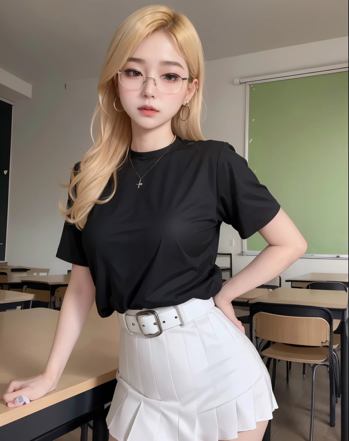 Absurdres, 1 girl, Blush, (realistic:1.5), (Masterpiece, Extremely details CG unity 8k wallpaper, best quality, height:1.2), (special_details, UHD:1.2), Perfect lighting, different, (1 girl:1.4), look at viewer, unreal engine, On the side of the road, perfect face, details face, perfect body, beautiful eyes, beautiful face, (Bright skin:1.4), Idol, (Abs), Ulzzang-6500-V1.1,,((medium breast)),((small waist)),(blonde hair),arms behind back, university uniform,(((white short sleeve shirt))),((Black pencil skirt)),((Black pleated skirt)),((in the classroom)),choker,((white short sleeve shirt )),((Black pencil skirt)),(belt),((stand)),(full body:1.4),smooth,((glasses)),Sharp eyes,Pecking at the corners of the mouth.,Silver Earrings
