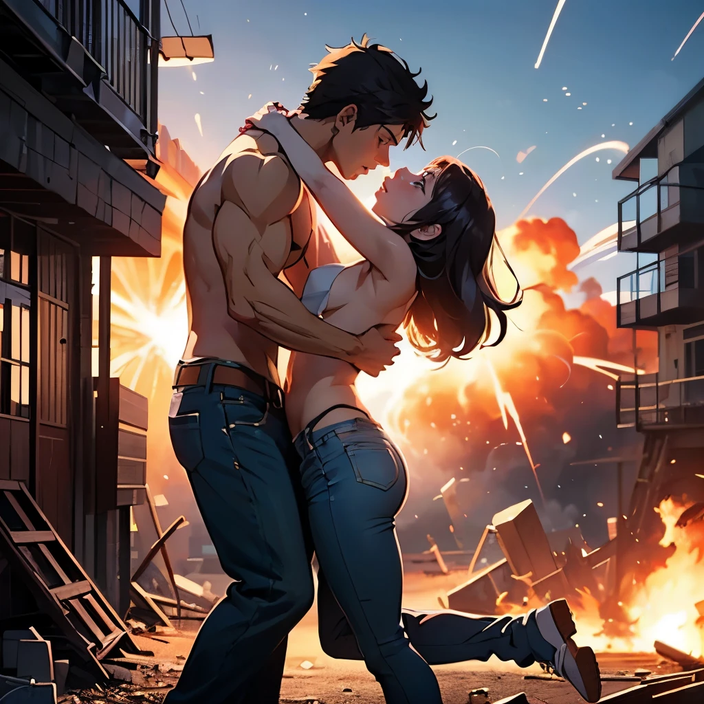 (masterpiece, best quality, beautiful anime art:1.4), full_body_shot, natural light, highly detailed, ultra realistic, 8k, shirtless male bodybuilder, wearing jeans, epic action scene, exploding building in background, explosion, action, kissing woman in front of explosion