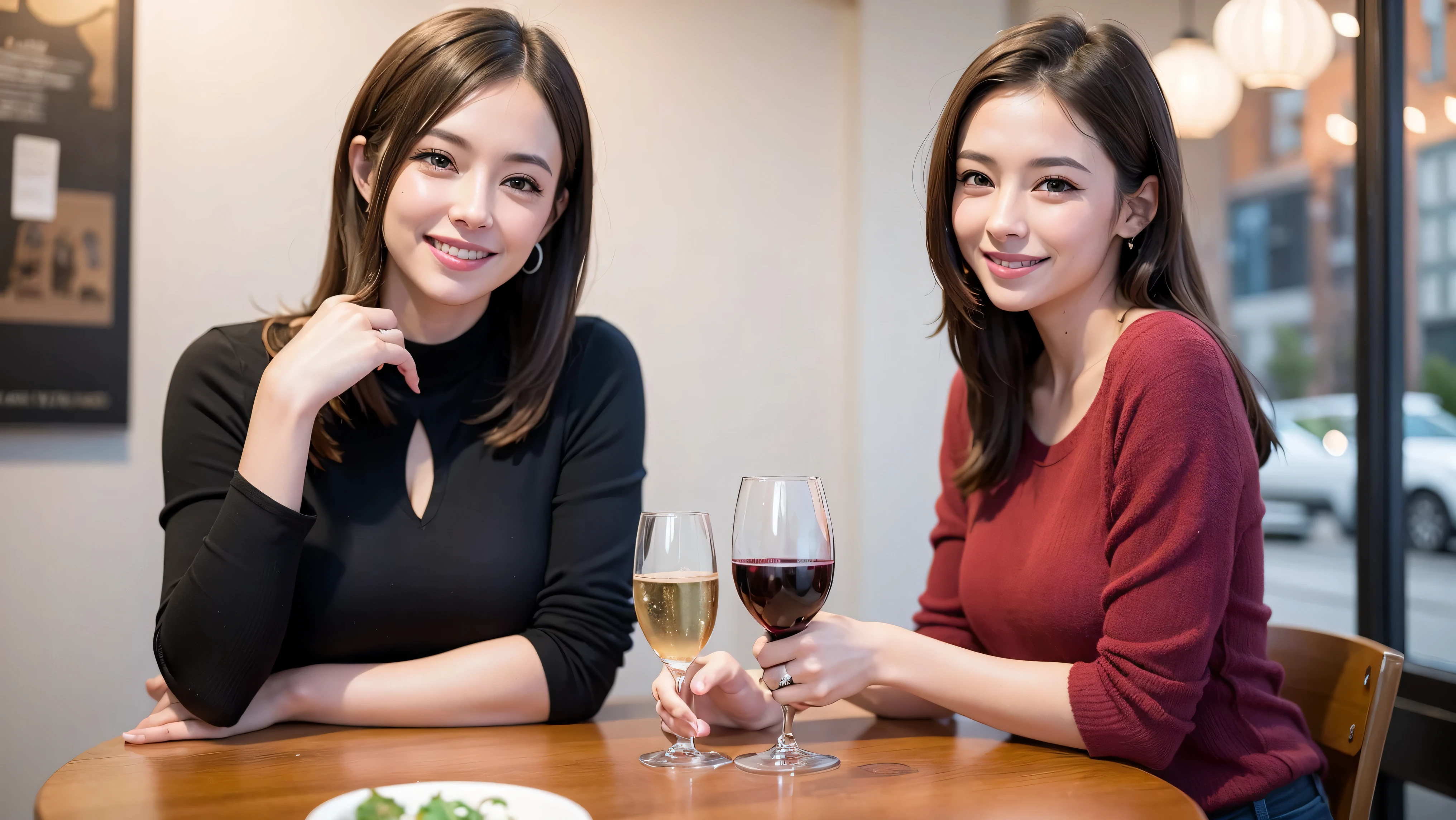 64k, UHD, highest quality, masterpiece: 1.2), (realistic, photorealistic: 1.37), Super detailed, 3 women who love wine、2 males、(slimな男女4名),(Wine party for 5 people)、(slimフェイス),Happy、 最高なsmile、Fox Face、Raccoon face、Berry Short、(because I'thin), (brown hair), (shortcut), long sleeve shirt、winter fashion、Colombia、Brazilian、Japanese、Dutch、German、Portuguese、Belgian、Italian、french,champagne、Sparkling wine、 (gush), (slimボティ), (brown hair), (shortcut), Neat beauty、cheeks blush a little, (35 years old), 38 years old, alone, A beautiful and detailed night view spreads out outside the window..., restaurant, wine glassが座っている, At night, in a prominent place (from the Upper body) nova frog style, actress, model, Upper body, White wine, slim, wine glass, very beautiful night view, wine glass Put in the Middle, Happy smile, (smile: 1.15),