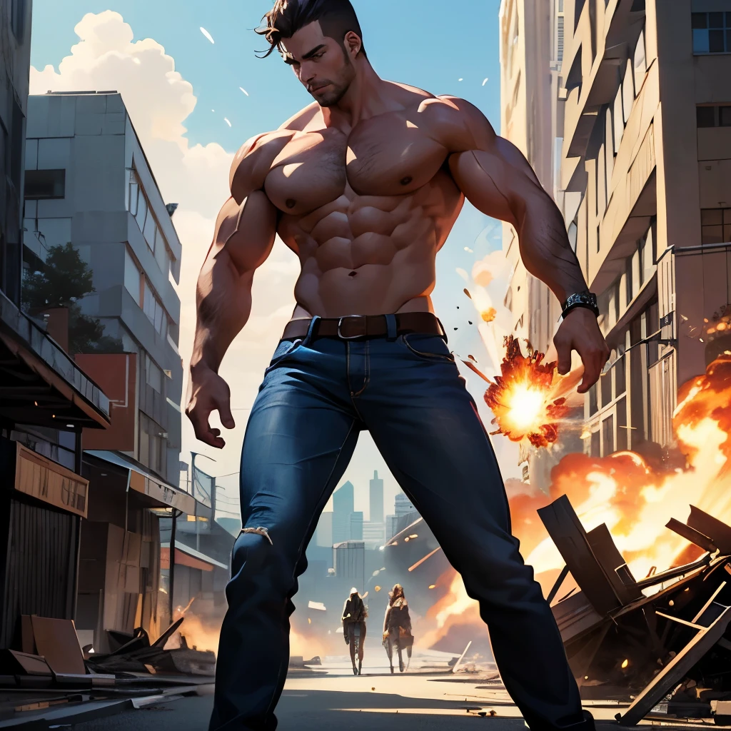 (masterpiece, best quality, beautiful anime art:1.4), full_body_shot, natural light, highly detailed, ultra realistic, 8k, shirtless male bodybuilder, wearing jeans, epic action scene, exploding building in background, explosion, action, holding sexy woman