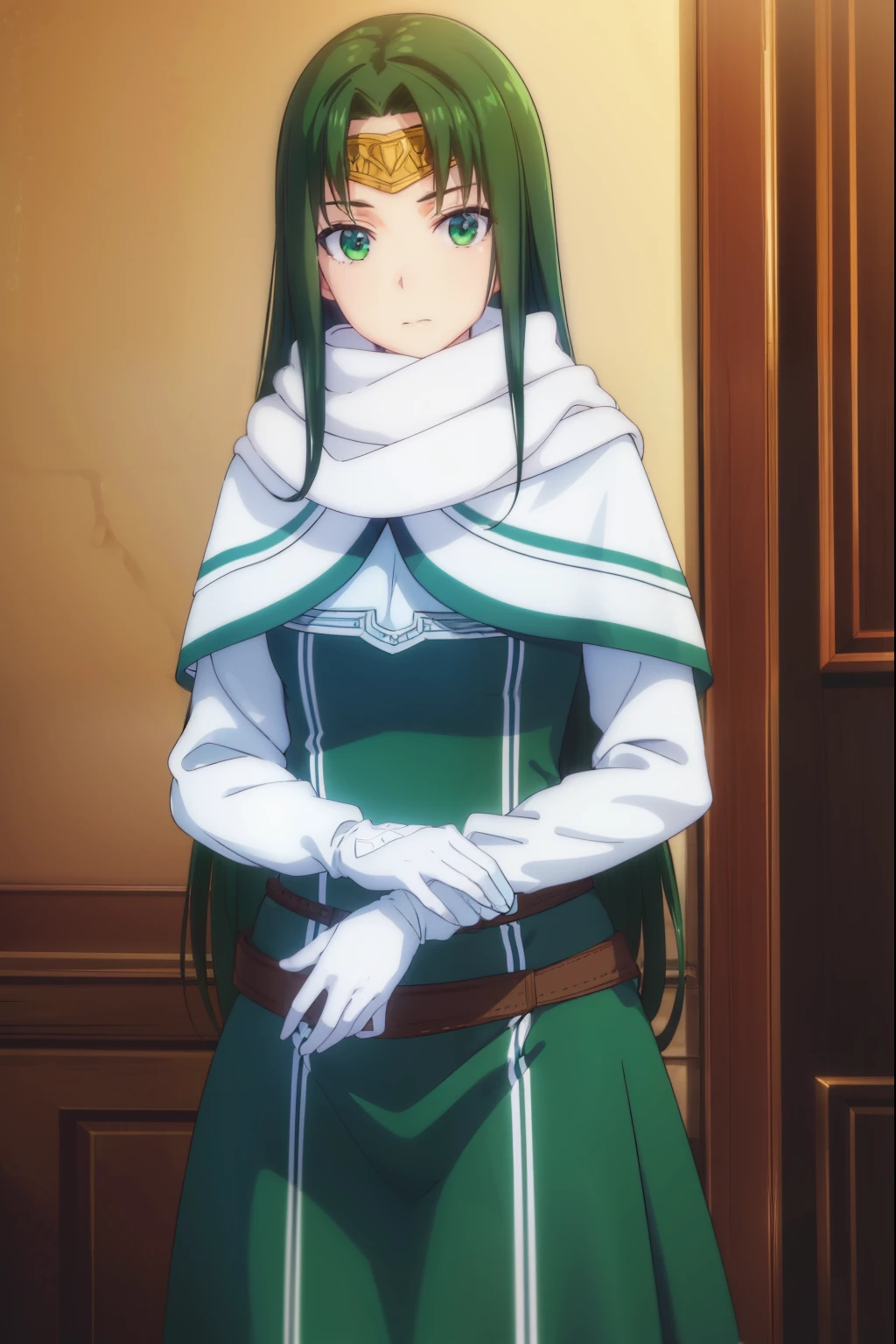 marisamarilis, maris amarilis, long hair, (green eyes:1.5), green hair, circlet,
BREAK gloves, fingerless gloves, dress, white dress, capelet, cape, scarf, white scarf, long sleeves,
BREAK indoors, castle,
BREAK looking at viewer, (cowboy shot:1.5),
BREAK (masterpiece:1.2), best quality, high resolution, unity 8k wallpaper, (illustration:0.8), (beautiful detailed eyes:1.6), extremely detailed face, perfect lighting, extremely detailed CG, (perfect hands, perfect anatomy),