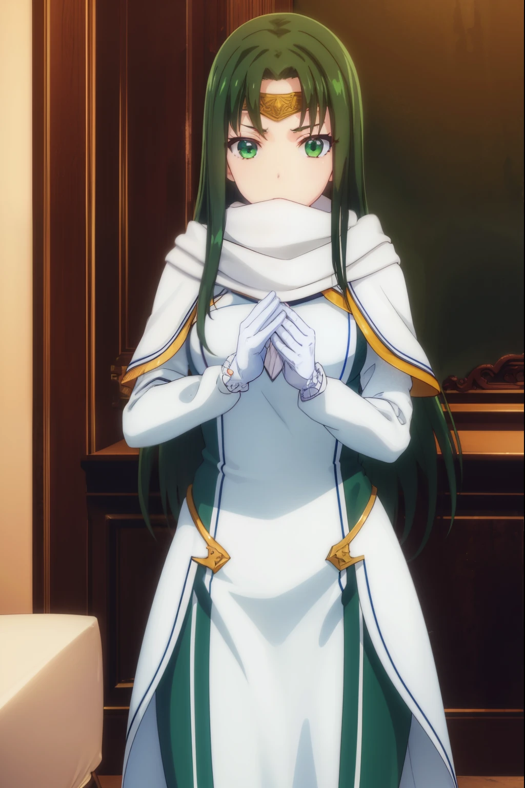 marisamarilis, maris amarilis, long hair, (green eyes:1.5), green hair, circlet,
BREAK gloves, fingerless gloves, dress, white dress, capelet, cape, scarf, white scarf, long sleeves,
BREAK indoors, castle,
BREAK looking at viewer, (cowboy shot:1.5),
BREAK (masterpiece:1.2), best quality, high resolution, unity 8k wallpaper, (illustration:0.8), (beautiful detailed eyes:1.6), extremely detailed face, perfect lighting, extremely detailed CG, (perfect hands, perfect anatomy),