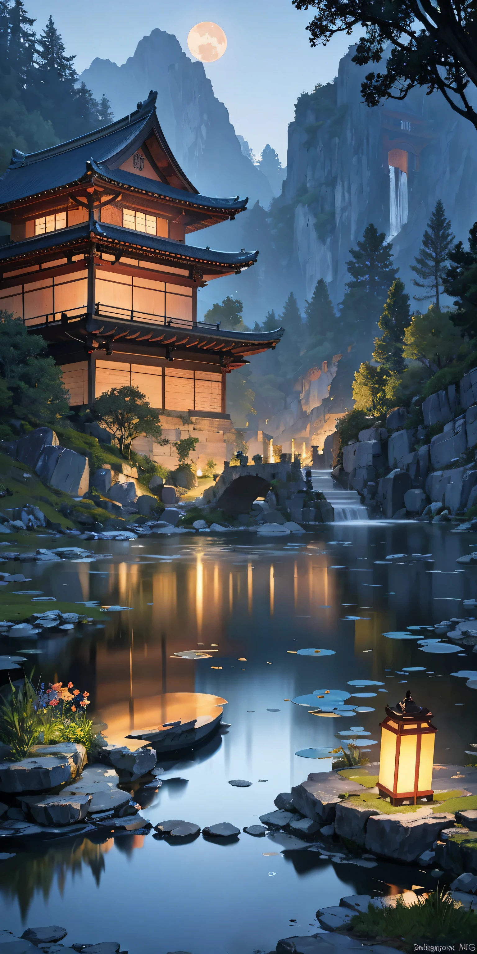 Ancient Chinese architecture, moon, night, garden, bamboo, lake, stone bridge, rockery, arch, corner, rockery, tree, running water, landscape, outdoor, waterfall, grass, rock, water lily, hot spring, water vapor, (Illustration: 1.0 ), Epic Composition, Realistic Lighting, HD Details, Masterpiece, Best Quality, (Very Detailed CG Unity 8k Wallpaper), (Best Quality)