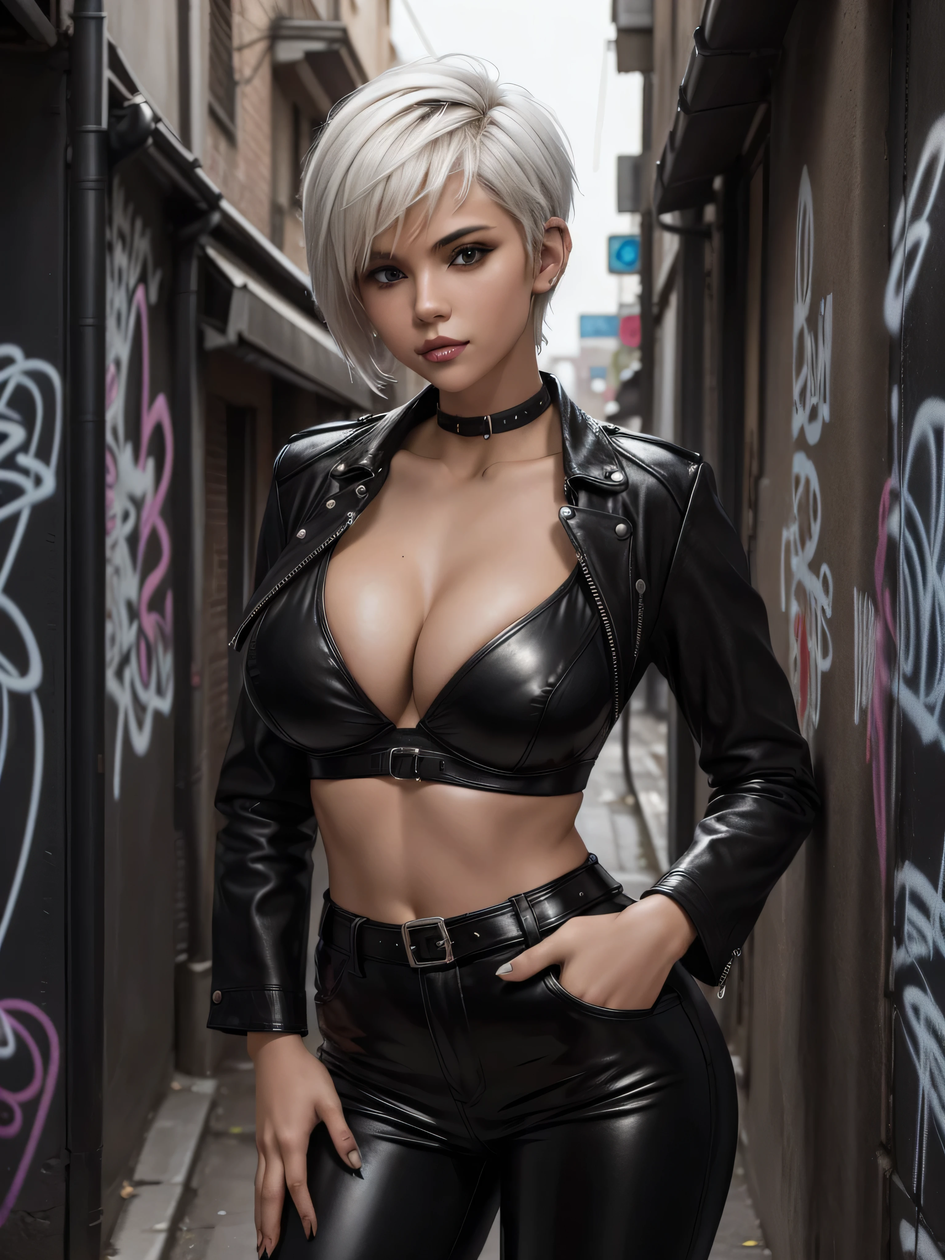sensual sexy 25-year-old teenage girl in black leather pants, black leather bra, white hair, side swept, pixie cut,, brown eyes, big breast, leaning against a wall in a graffiti-filled city alley at night on a light rainy night fog smoke