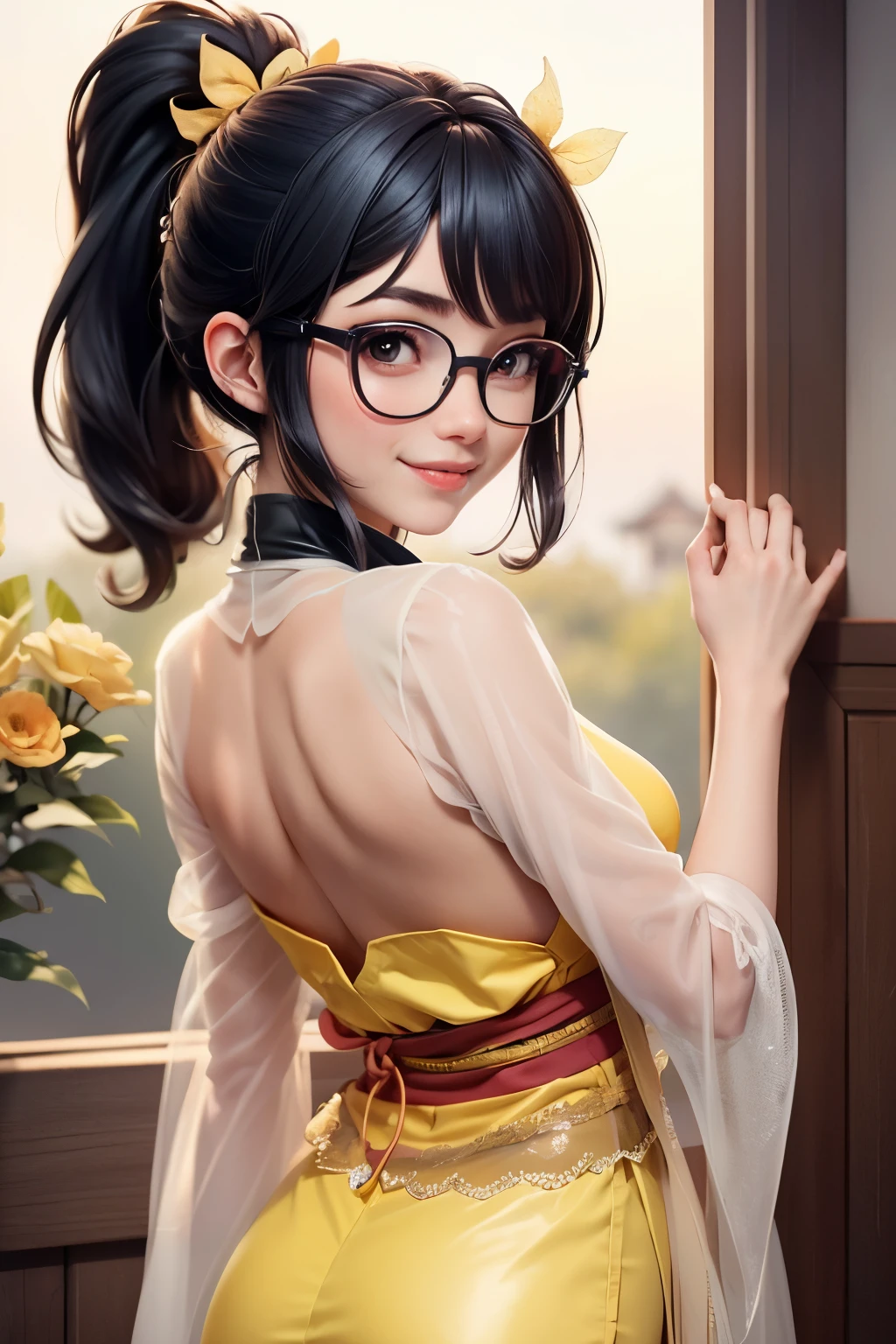 ((upper body image, from behind)), pretty girl, black hair in a ponytail, bangs, hair accessory, wearing glasses, bright smile, small breasts, slim waist, ((wearing hanfu(see-through) )multi-layered intricate details (pastel yellow))), dresses fluttering in the wind, seductive dances, the backdrop is an island with only peach trees in full bloom, many peach petals fluttering, morning light, Anime, high quality