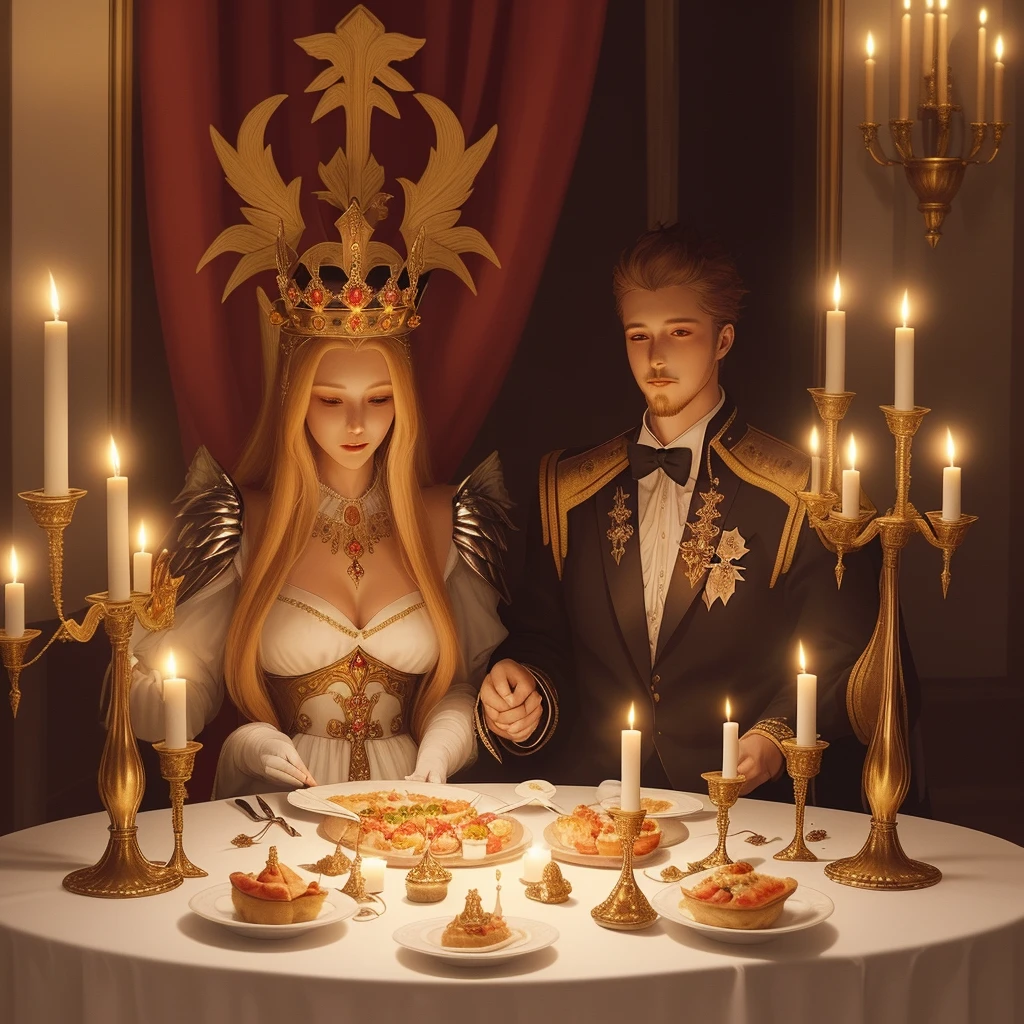 An anthropomorphic King Orion and Queen Seraphim, Royal Candlelit Dinner celebration buffet food table in the palace, flowers, there is candles on the table and they are having their first date