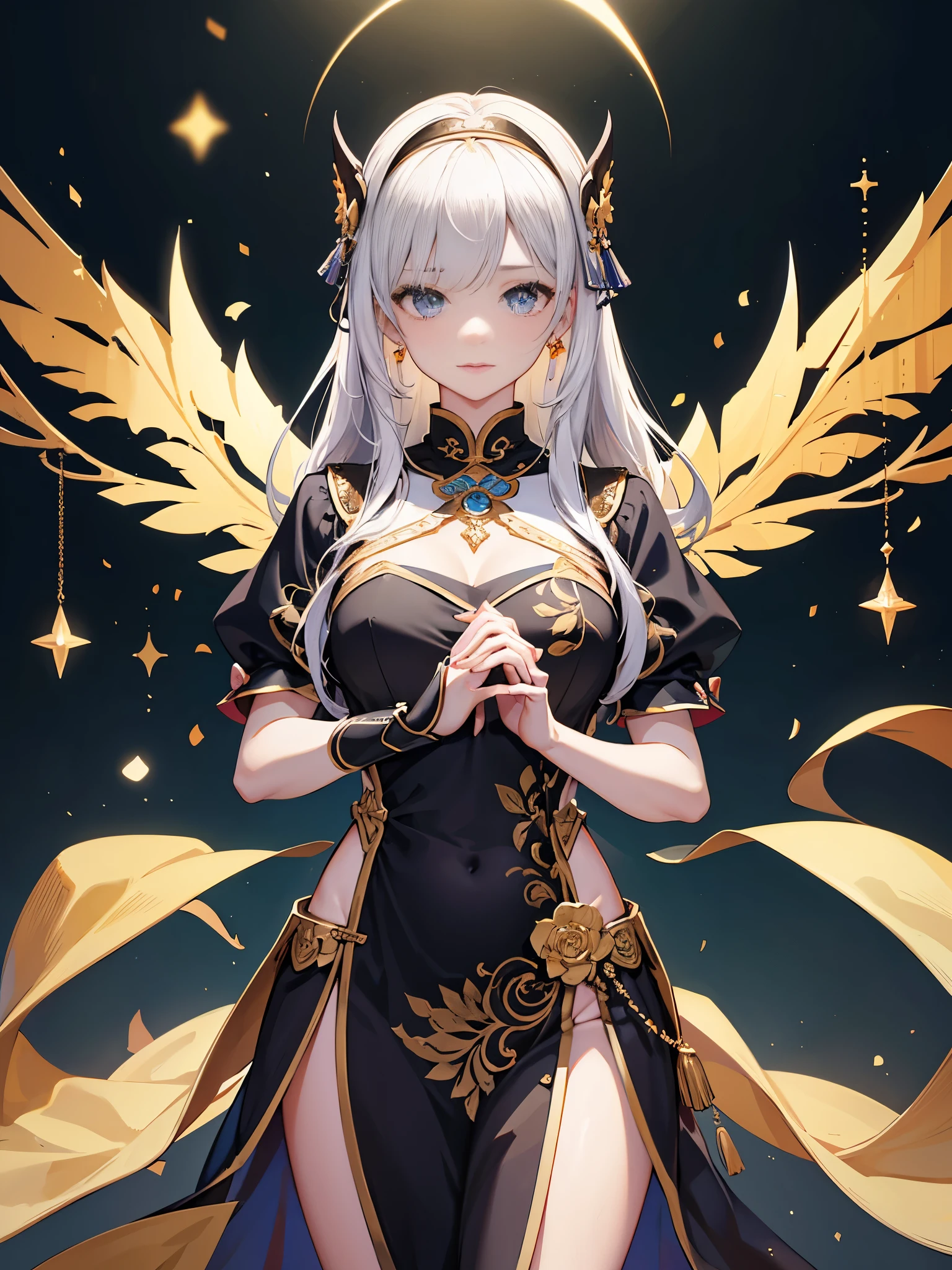 best quality, masterpiece, there is nothing, a girl, cheongsam, headgear, necklace, jewelry, pretty face, above_Body, Tyndall effect, lifelike, dark studio, edge lighting, Two-tone lighting, (HD skins: 1.2), 8k ultra high definition, SLR camera, soft light, high quality, Volumetric lighting, frank, photography, high resolution, 4K, 8k, Bokeh,
