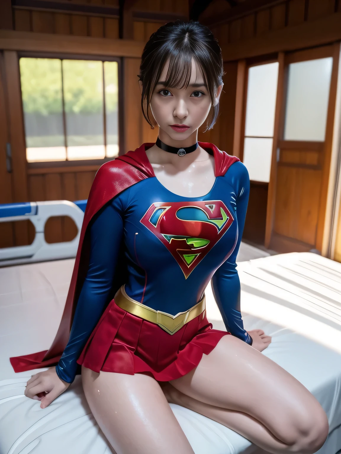 masterpiece、Supergirl costumes、short hair、Intensive care unit、operating table、barefoot、straddle、M-shaped legs、wide open legs、big and full breasts、red mini skirt、look at the camera、Sweat、Cowgirl、Sweatでいっぱい、発Sweat、Sweat scattering、Sweat wet、choker、long sleeve、Fluttering cloak、sexual immorality