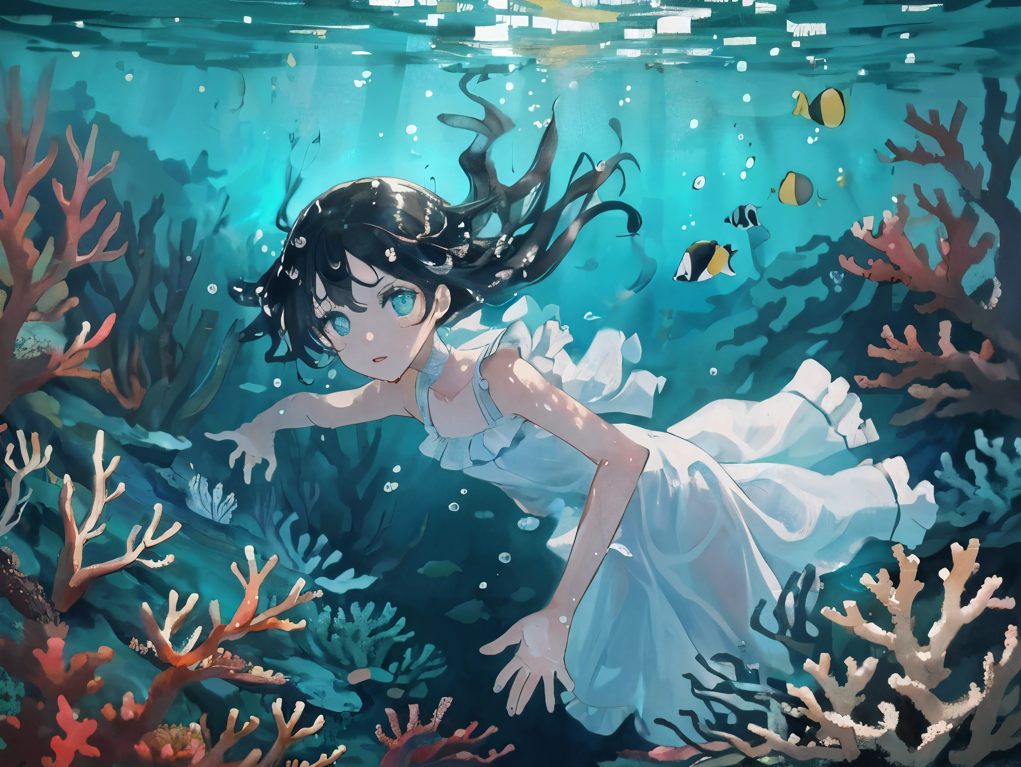 (((masterpiece))),(((best quality))),((Super detailed)),((underwater)),(illustration),(Beautiful and delicate water),((coral)),chiaroscuro, open tuck,((Extremely delicate and beautiful girl)),dynamic angle,floating,(Beautiful and delicate eyes),(detail light),(Change),floating hair,glowing eyes,(splash),underwater)),black hair,green right eye,ice blue left eye,White silk long dress, (wet clothes), textured, The best decoration, The best wrinkles, best shadow, feather,nature,(Sunlight),(underwater forest),(painting),(bloom),(Detailed luminescence),(Soaked),seaweed,fish,(((Tyndall effect))),face to face