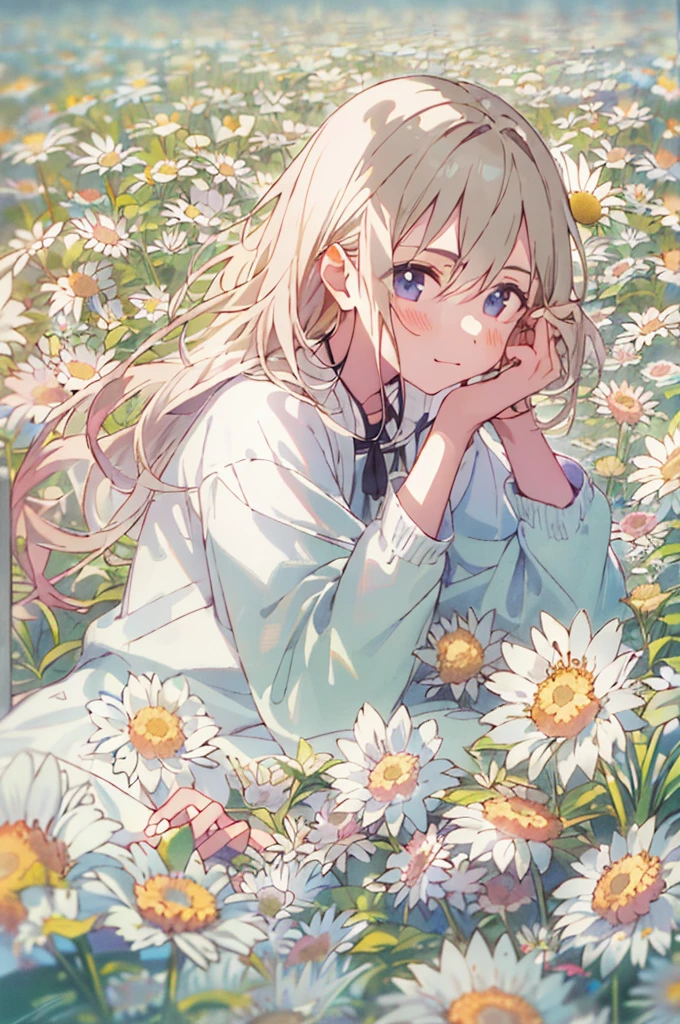 masterpiece, best quality, A girl with light hair, soft white clothes, Lying alone in the endless flower field

