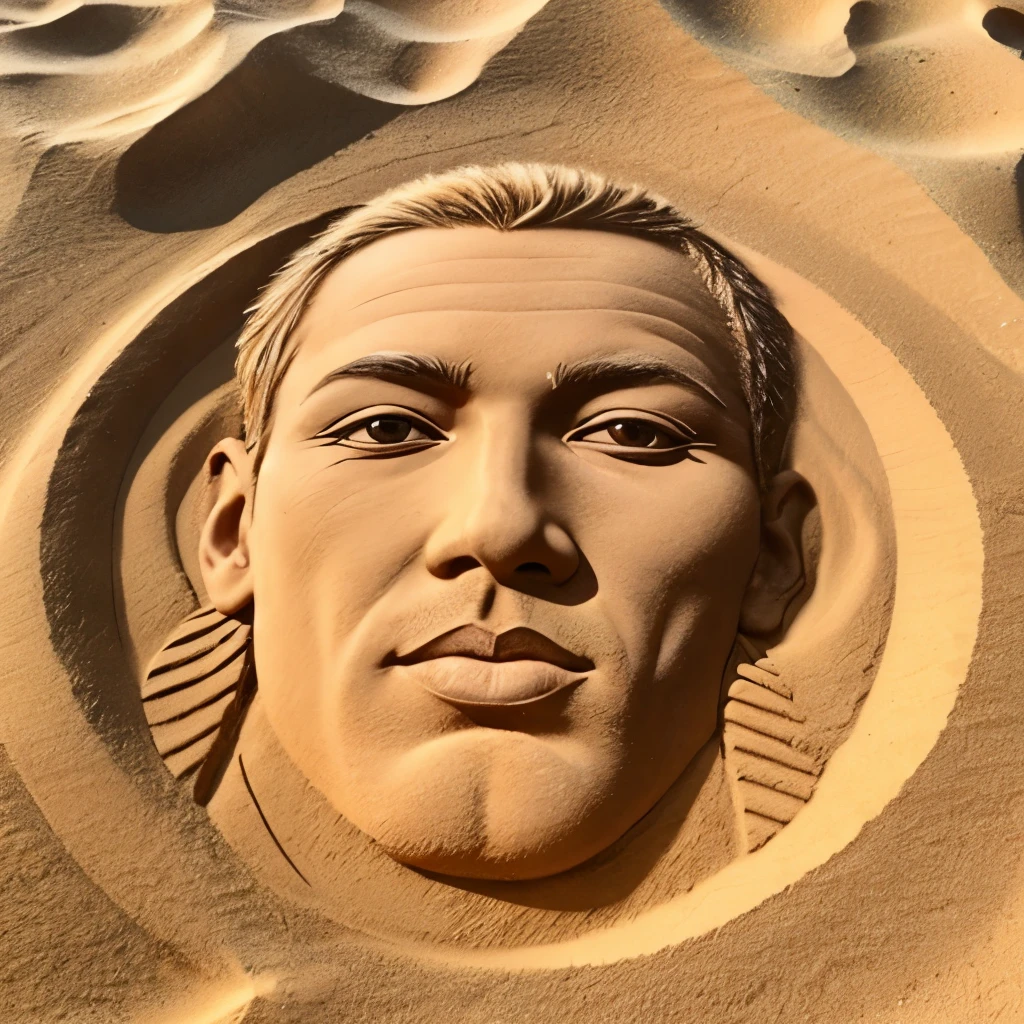 sand drawing, sand drawing on the beach depicts the face of a guy with very beautiful eyes, plump lips, long eyelashes,