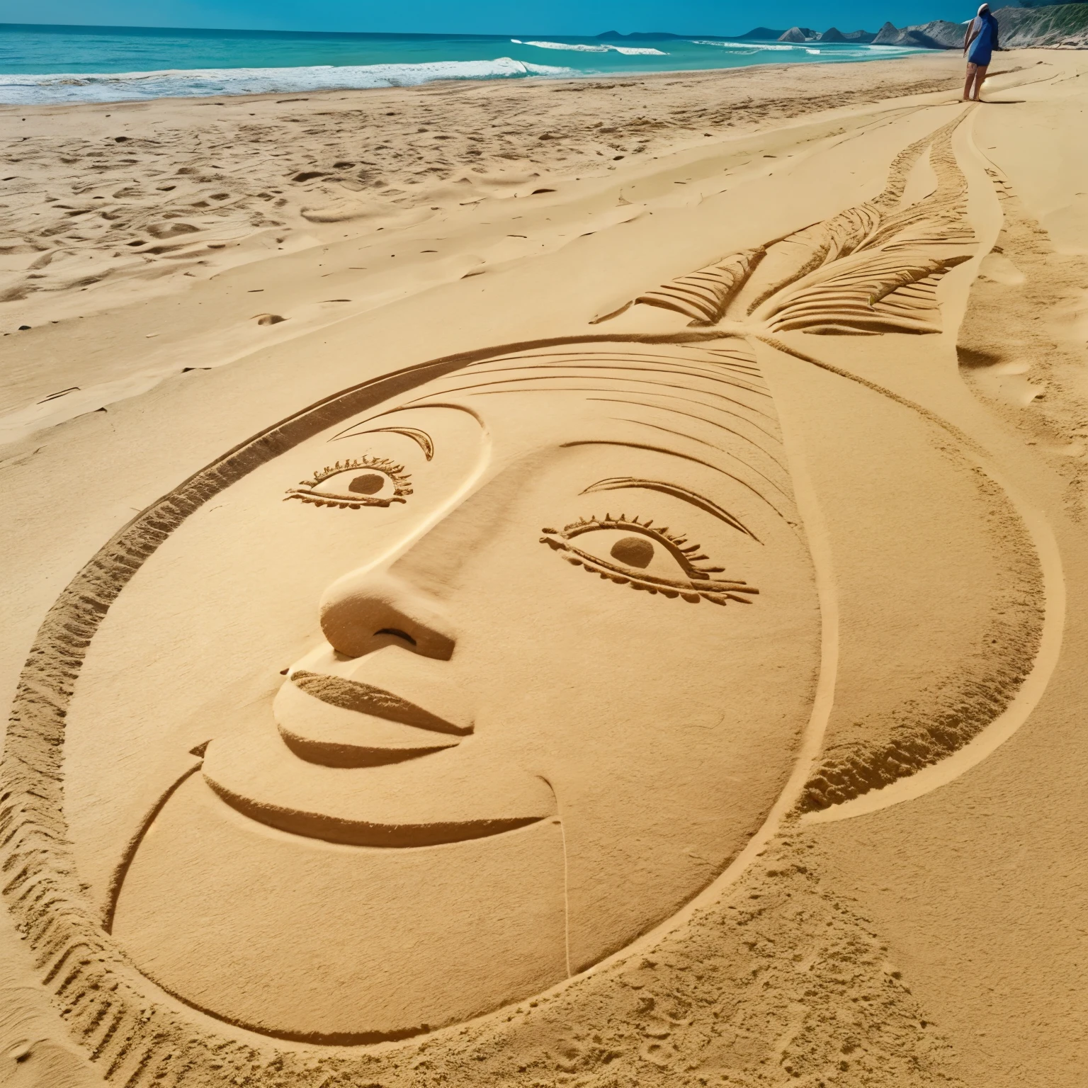 sand drawing, sand drawing on the beach, the face