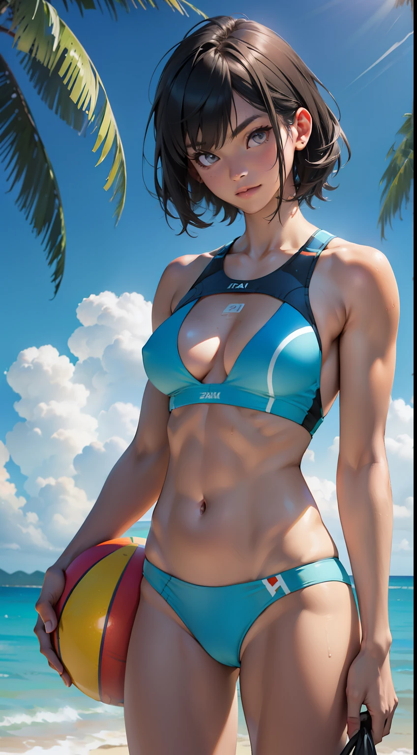 tropical island, beach, palm trees, ocean, beach ball, sand, sky, clouds, sun, sun light, (masterpiece), best quality, 8k, 4k, hd, hires, best quality, masterpiece, ultra-high detailed, hyper-detailed, intricate details, photo-realistic, beautiful details, studio lighting, detailed clothing, highly textured clothing, satin lighting, hyper resolution, insanely detailed, young woman, fit body, slender arms, nice thighs, two piece swimsuit, bright swimsuit