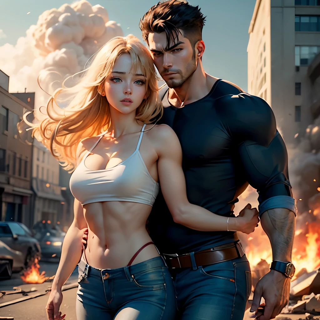 (masterpiece, best quality, beautiful anime art:1.4), full_body_shot, natural light, highly detailed, ultra realistic, 8k, shirtless male bodybuilder, wearing jeans, epic action scene, exploding building in background, explosion, action, holding sexy woman in his arms, ((holding woman)), hero