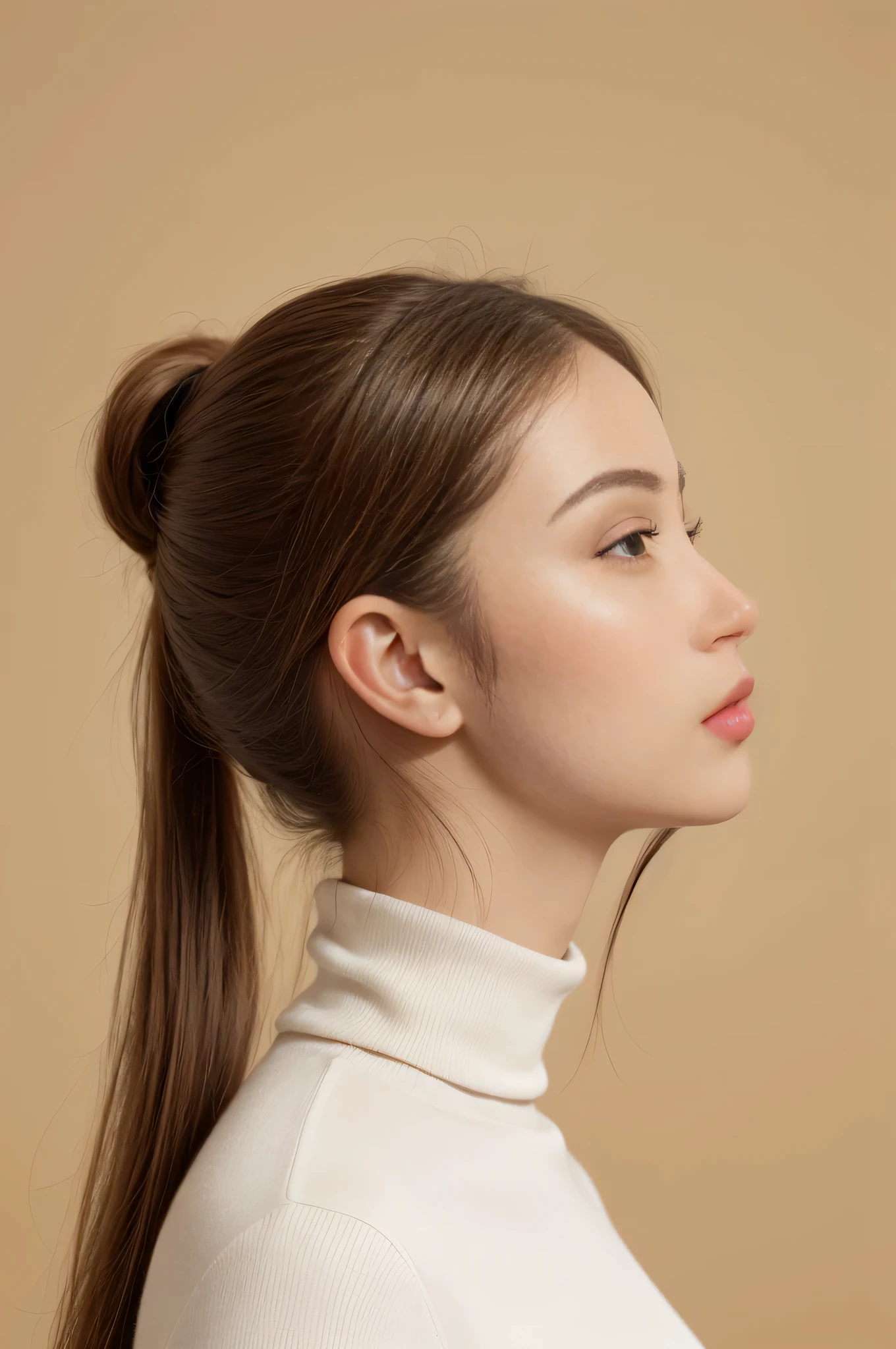 European and American high-end face, (revealing ears), (bright skin tone, solid color background: 1.4), profile: 2. Close eyes, golden brown ponytail, looking forward, white turtleneck sweater, photo realistic, slightly raised: 0.03,