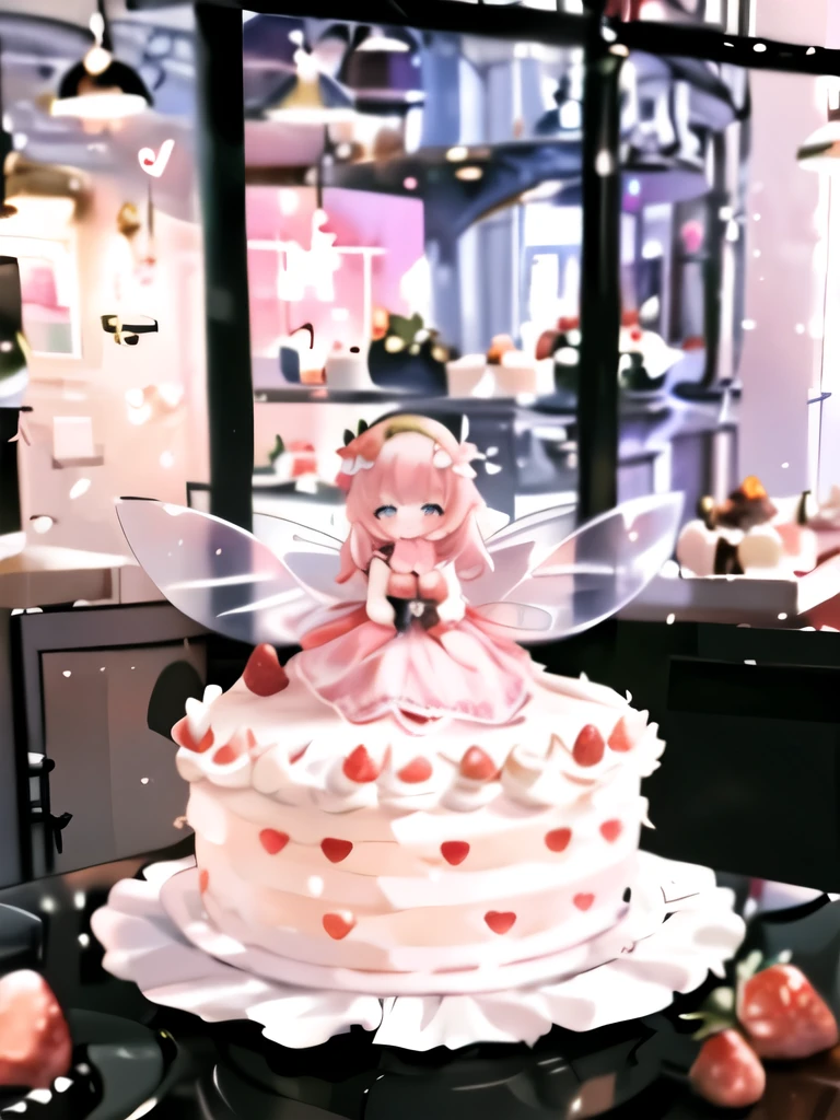 Inside the cafe,highest quality,A masterpiece of detailed writing,16K or 8K,A small fairy is floating above a large whole cake decorated with strawberries, raspberries, blueberries, fresh cream, and chocolate on a table in the bottom center of the screen.:1.1)、Little fairy princess - huge white fairy wings with a heart pattern on the back,Light pink medium wavy hair - strawberry hair accessories - lavender eyes - long eyelashes、Blur the background a bit、pointy ears,(A dress with lots of frills with a strawberry cake motif.)、Holding a strawberry with care、smile、beautiful face、