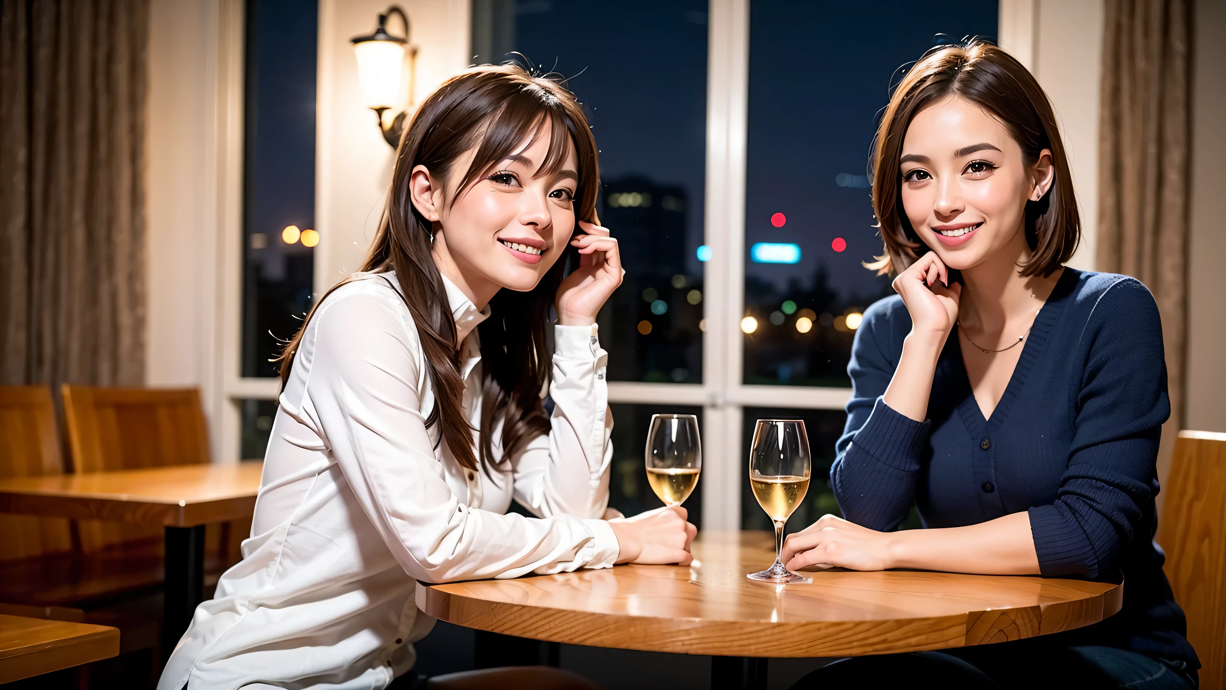 (including 64k, nffsw, highest quality, table top: 1.2), (realistic, photorealistic: 1.37), Spectacular view of the sunset sky and clouds、Amazing mountain views、long sleeve shirt、winter fashion、Columbia、Brazilian、Japanese、Dutch、German、Portuguese、Belgian、Italian、French,Champagne、sparkling wine、 (slimフェイス), (slimボティ), (brown hair), (shortcut), neat beauty、cheeks turn a little red, (42 years old),45 years old, alone, 窓の外には美しく緻密なnight景が広がります., restaurant, wine glassが座っている, nightに, in a prominent place (from the Upper body) nova frog style, actress, model, Upper body, White wine, slim, wine glass, Super Clean night View, wine glass Put in the Middle, Happy smile, (smile: 1.15), beautiful and detailed eyes, Upper body, bust japan up, night, short, short, actress, model, Upper body, White wine, slim, wine glass, Super Clean night View, wine glass Put in the Middle, Happy smile,