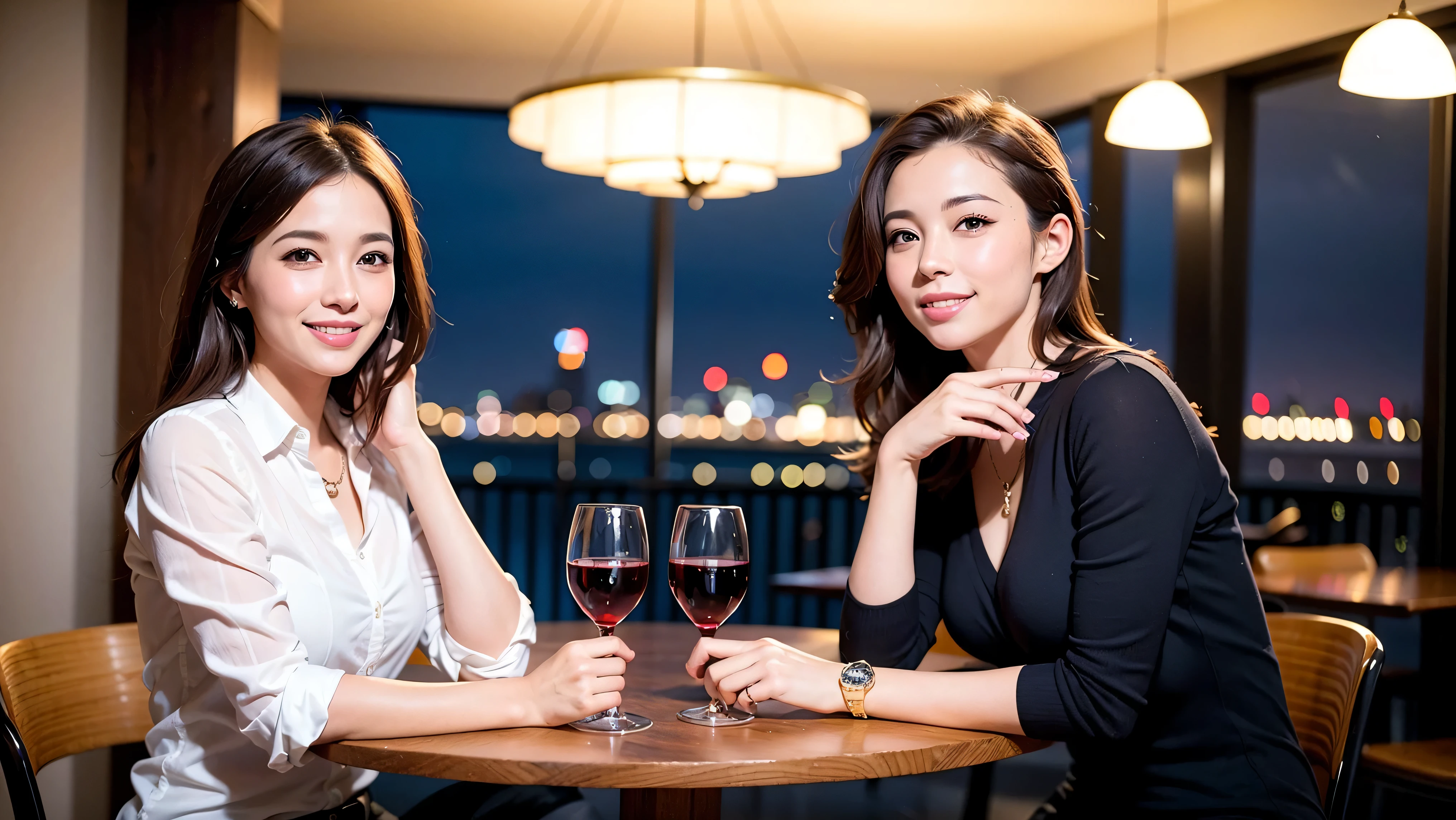 64k, UHD, highest quality, masterpiece: 1.2), (realistic, photorealistic: 1.37), Super detailed, 3 women who love wine、2 males、(slimな男女4名),(Wine party for 5 people)、(slimフェイス),Happy、 最高なsmile、Fox Face、Raccoon face、Berry Short、(because I&#39;thin), (brown hair), (shortcut), long sleeve shirt、winter fashion、Colombia、Brazilian、Japanese、Dutch、German、Portuguese、Belgian、Italian、french,champagne、Sparkling wine、 (gush), (slimボティ), (brown hair), (shortcut), Neat beauty、cheeks blush a little, (35 years old), 38 years old, alone, A beautiful and detailed night view spreads out outside the window..., restaurant, wine glassが座っている, At night, in a prominent place (from the Upper body) nova frog style, actress, model, Upper body, White wine, slim, wine glass, very beautiful night view, wine glass Put in the Middle, Happy smile, (smile: 1.15), 