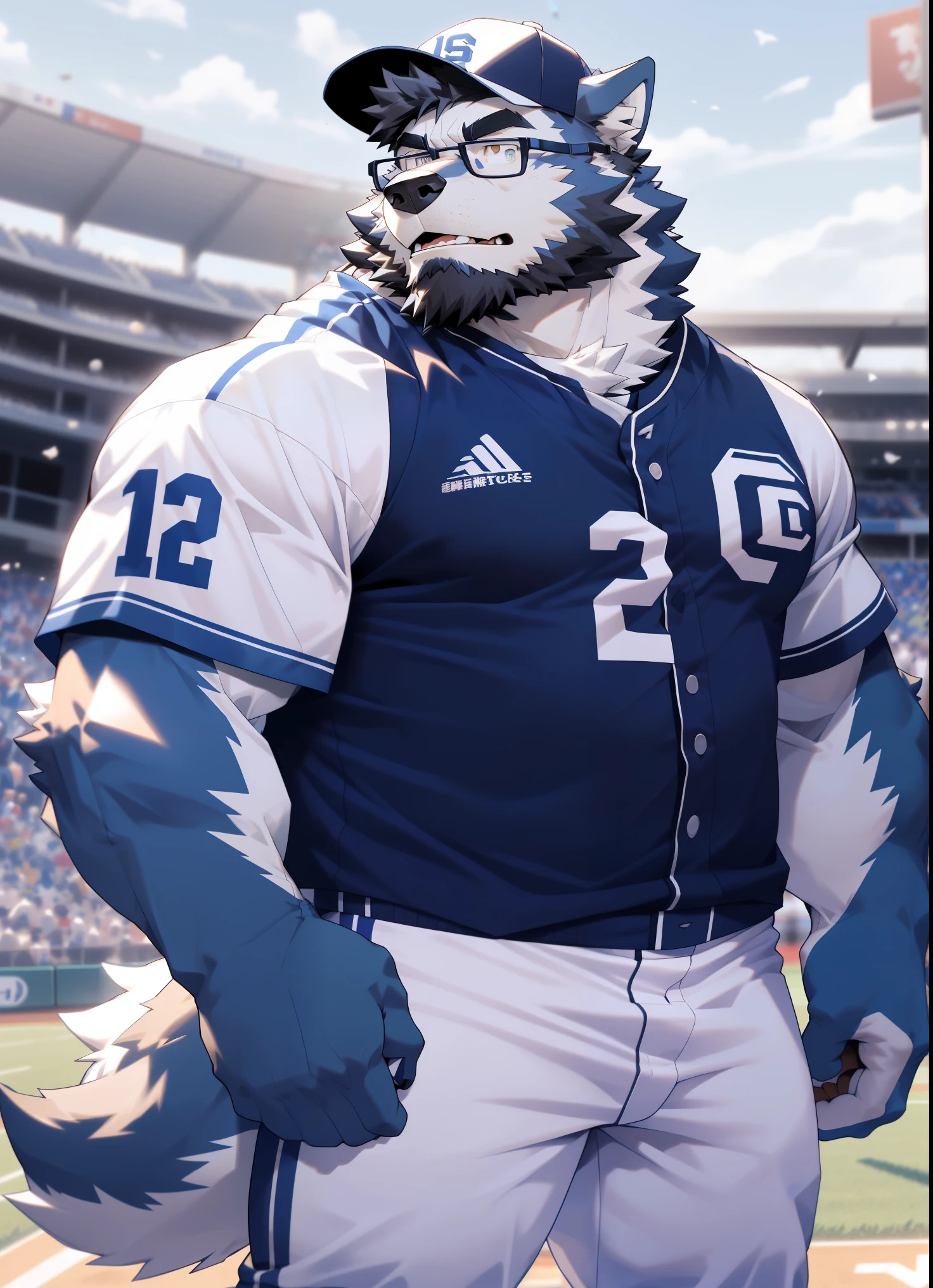 hairy，Wolf，Black-rimmed glasses，White baseball uniform，white baseball pants，baseball cap，Wearing a hat backwards，beard，white fur，male，Common，full-body shot， dynamic poses，Baseball games，batter，Detailed background，极其lifelike阴影，masterpiece，Very detailed，lifelike