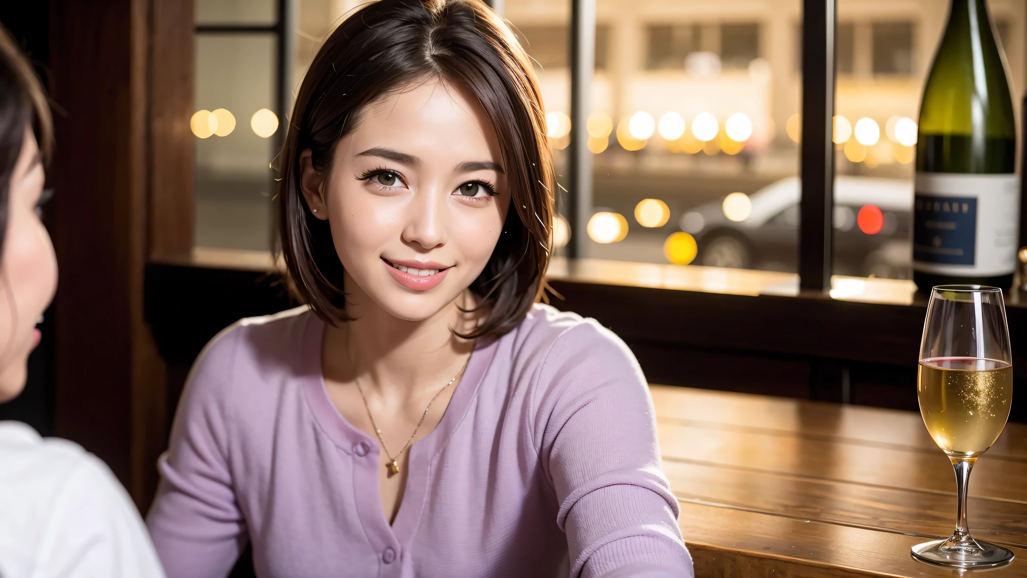 64k, UHD, highest quality, masterpiece: 1.2), (realistic, photorealistic: 1.37), Super detailed, 3 women who love wine、2 males、(slimな男女4名),(Wine party for 5 people)、(slimフェイス),Happy、 最高なsmile、Fox Face、Raccoon face、Berry Short、(because I'thin), (brown hair), (shortcut), long sleeve shirt、winter fashion、Colombia、Brazilian、Japanese、Dutch、German、Portuguese、Belgian、Italian、french,champagne、Sparkling wine、 (gush), (slimボティ), (brown hair), (shortcut), Neat beauty、cheeks blush a little, (35 years old), 38 years old, alone, A beautiful and detailed night view spreads out outside the window..., restaurant, wine glassが座っている, At night, in a prominent place (from the Upper body) nova frog style, actress, model, Upper body, White wine, slim, wine glass, very beautiful night view, wine glass Put in the Middle, Happy smile, (smile: 1.15),
