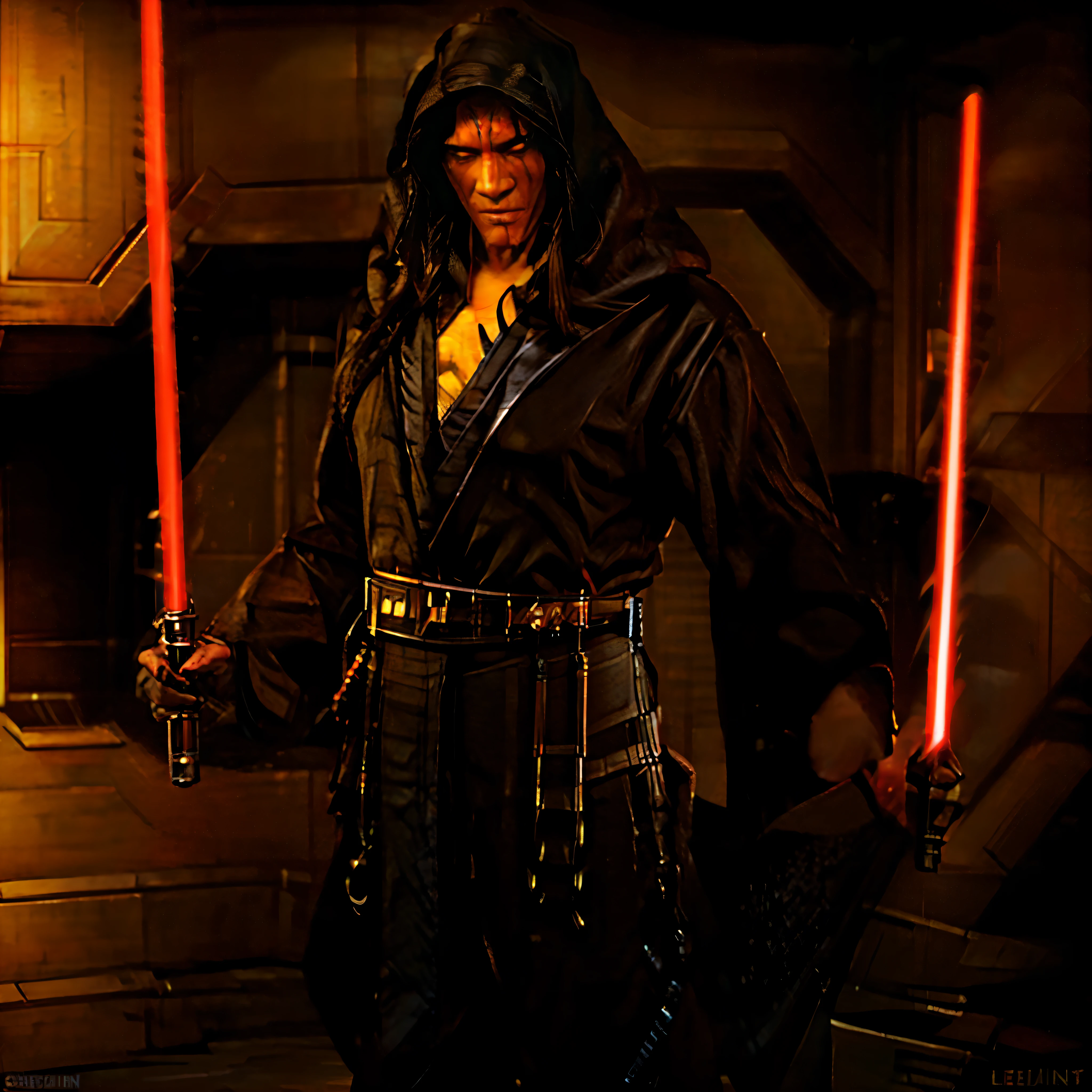 Darth de Sade, (male), (1male), Sith, Sith lorr, Sith outfit, red lightsaber in hand, (Centered), looking at camera, yellow eyes, close shot