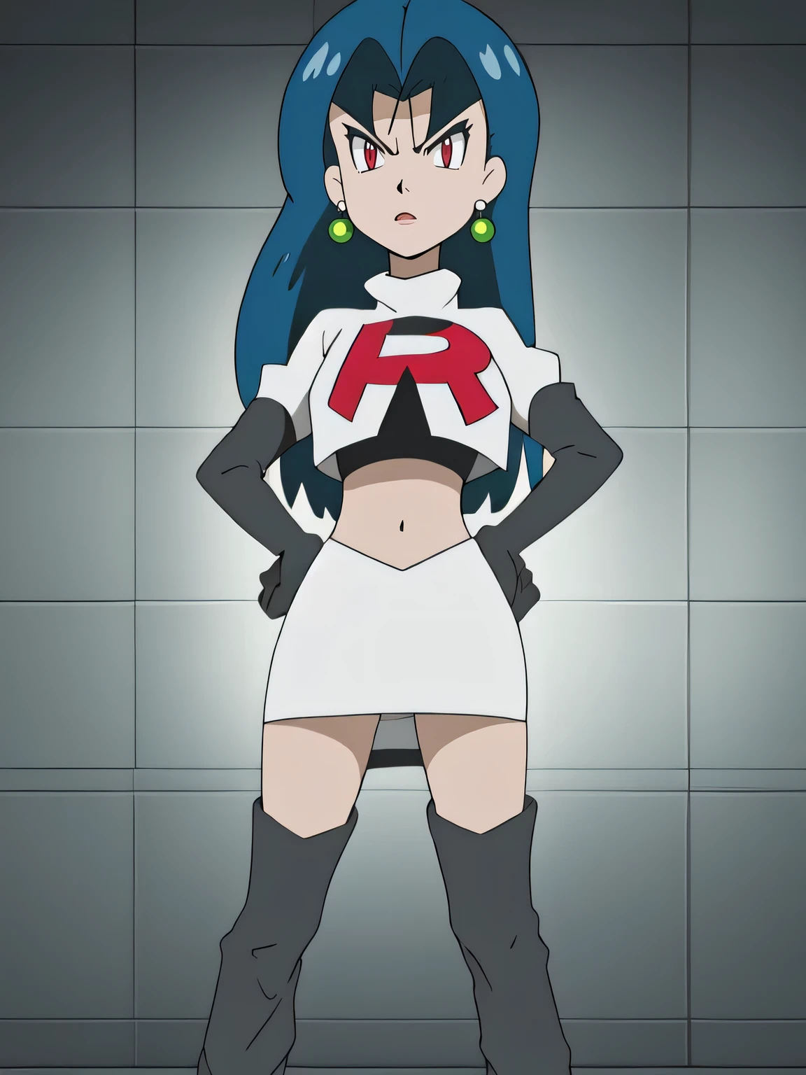 SabrinaPKMN, black hair ,glossy lips, earings ,masterpiece, best quality, highres,team rocket uniform, red letter r, white skirt, white crop top, black thigh-high boots, black elbow gloves, glaring angrily, looking at viewer, hands on hips, full body seen, zettai ryouiki