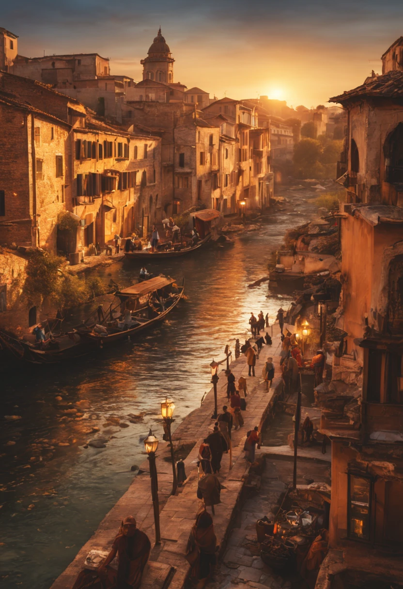 (a beautifully lit ancient city at sunset,best quality,highres,ultra-detailed),sunset light,old buildings,stone streets,vibrant colors,glowing lamps,shadow and light play,peaceful atmosphere,historical architecture,detailed textures,warm color palette,classic charm,weathered facades,quiet streets,bustling market scene,romantic ambiance,silhouettes of people,tranquil river,breathtaking view,impressive landmarks,serene sunset,ethereal glow