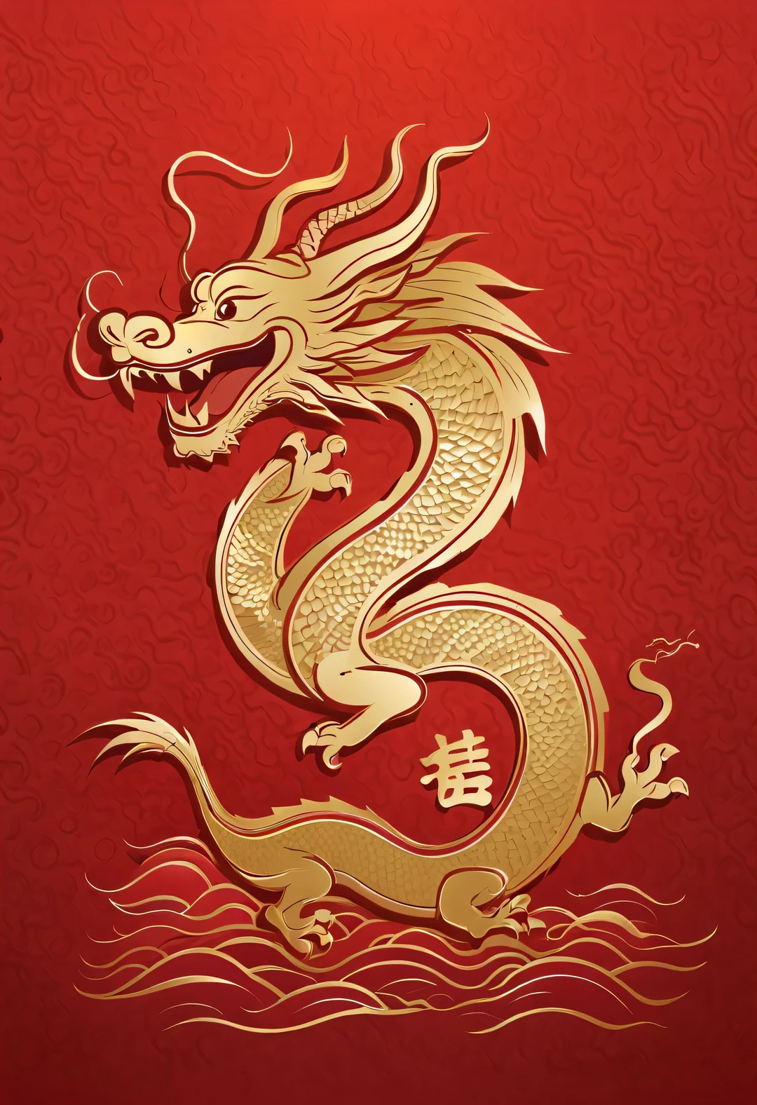 Sketch style, Simple golden negative space on Chinese red background, Smiling happily and cutely, Minimalist Chinese dragon walking, dynamic action, golden english thin line "Marine art" Width,
flat, vector, clip art, Greg Staples style, Opat,
