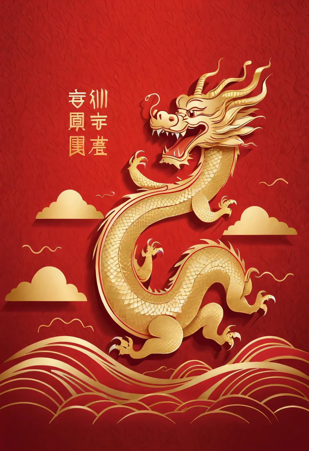 Sketch style, Simple golden negative space on Chinese red background, Smiling happily and cutely, Minimalist Chinese dragon walking, dynamic action, golden english thin line "Marine art" Width,
flat, vector, clip art, Greg Staples style, Opat,