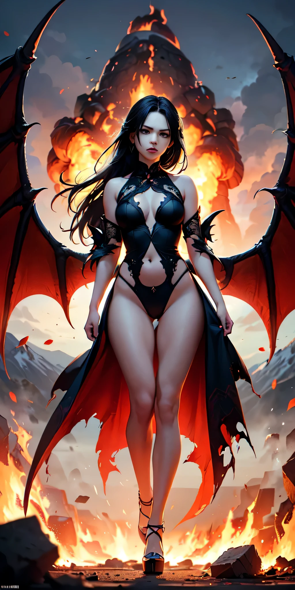 all Intricate details: "(cowboy shot, master piece, full body, anime style, Extremely beautiful woman, 18 years old, cute whit intricate details, symmetrical face, focused all body, torn very tight thin clothes, perfect body, dragon wings, evil and very angry, flying with a dark background of an erupting volcano, In the distance there is another beautiful human woman and perfect body asking for help with clothes torn and discarded by the fire)"