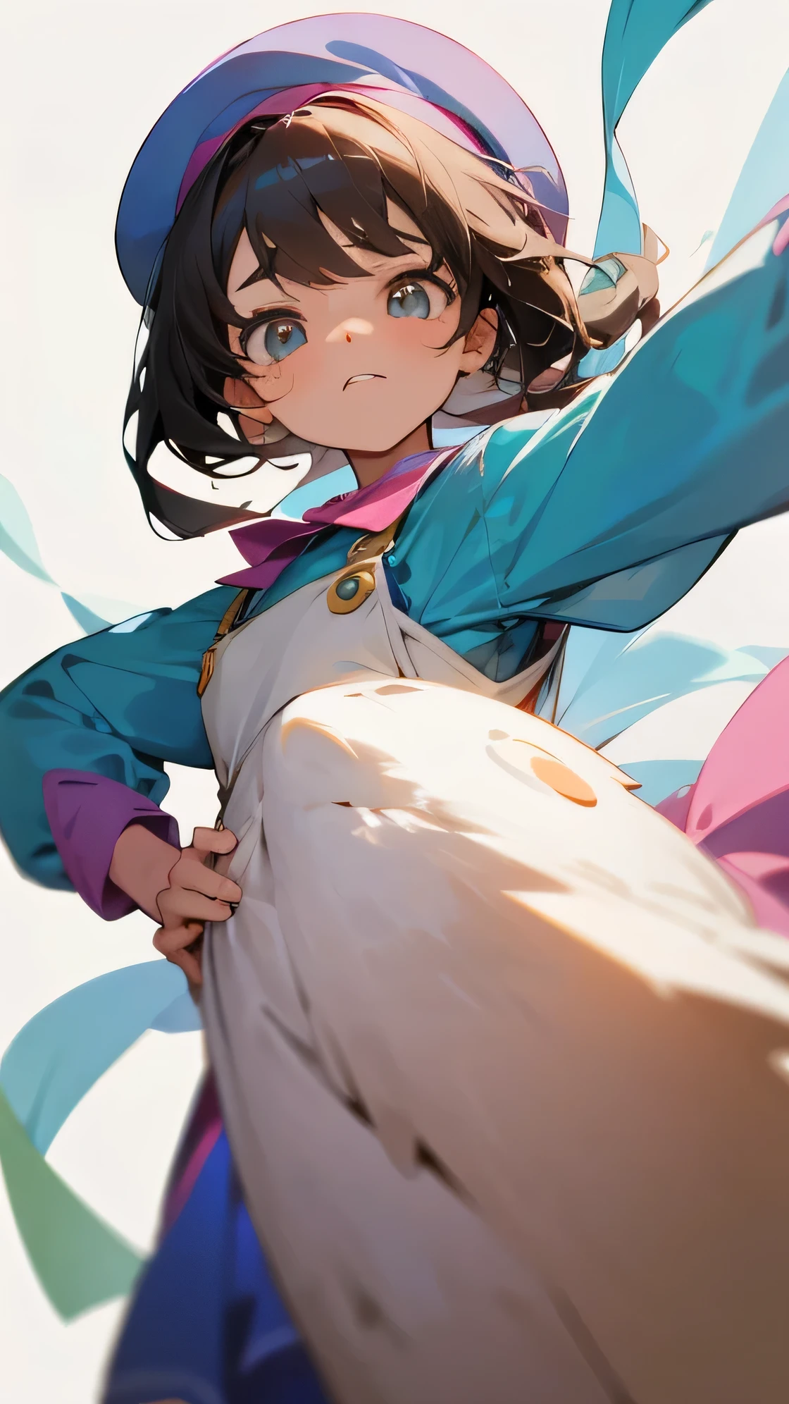 Create an anime-style character head of a young girl looking confused. Her hand is scratching her head in puzzlement. Give her big, expressive eyes with furrowed brows, a slightly tilted head, and a mouth in a perplexed expression. Add a simple hairstyle with bangs or loose strands. Keep the overall appearance cute and endearing while conveying the sense of confusion through body language and facial expression.
