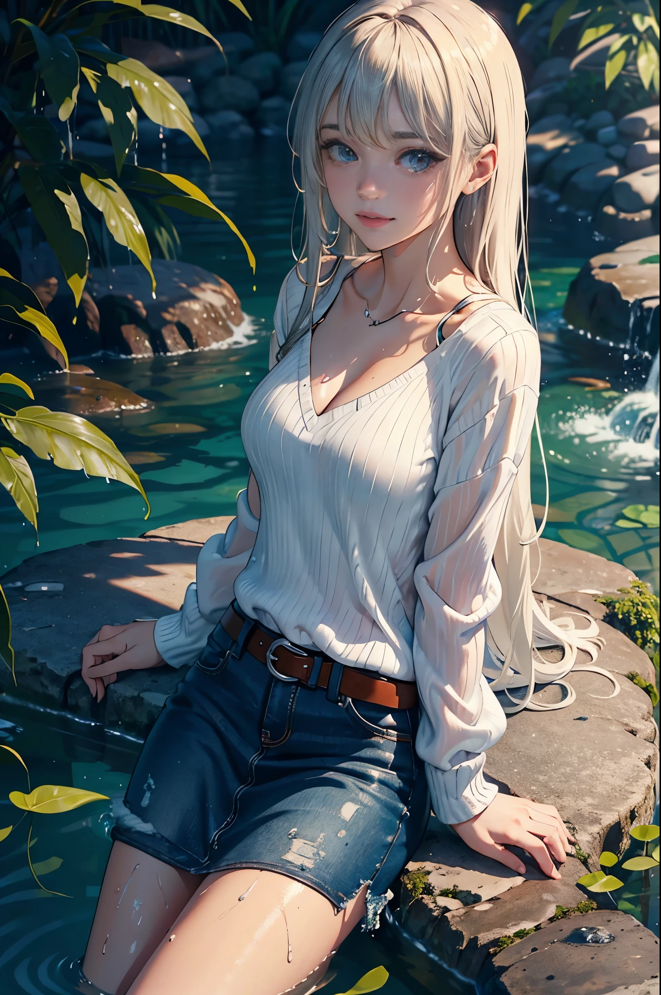 Small loli(Background with:ponds,Cherry blossom forest,lotus flower)Lie underwater, She has long blonde hair,seen from the front,mostly cloudy sky,(((tmasterpiece),(Very detailed CG unity 8K wallpaper),best qualtiy,cinmatic lighting,detailed back ground,beatiful detailed eyes,Bright pupils,Blue eyes,Snow-whiteskin,Redlip(Very fine and beautiful),(Beautiful and detailed eye description),ultra - detailed,tmasterpiece,))facing at camera,A high resolution,ultra - detailed),revealing breasts,Bare genitalia, Bulge,legs are open,Raised sexy,Camel toes,Desire for dissatisfaction,frontage,(Wearing :耳Nipple Ring, jewely, Denim apron, Bare )baseball cap