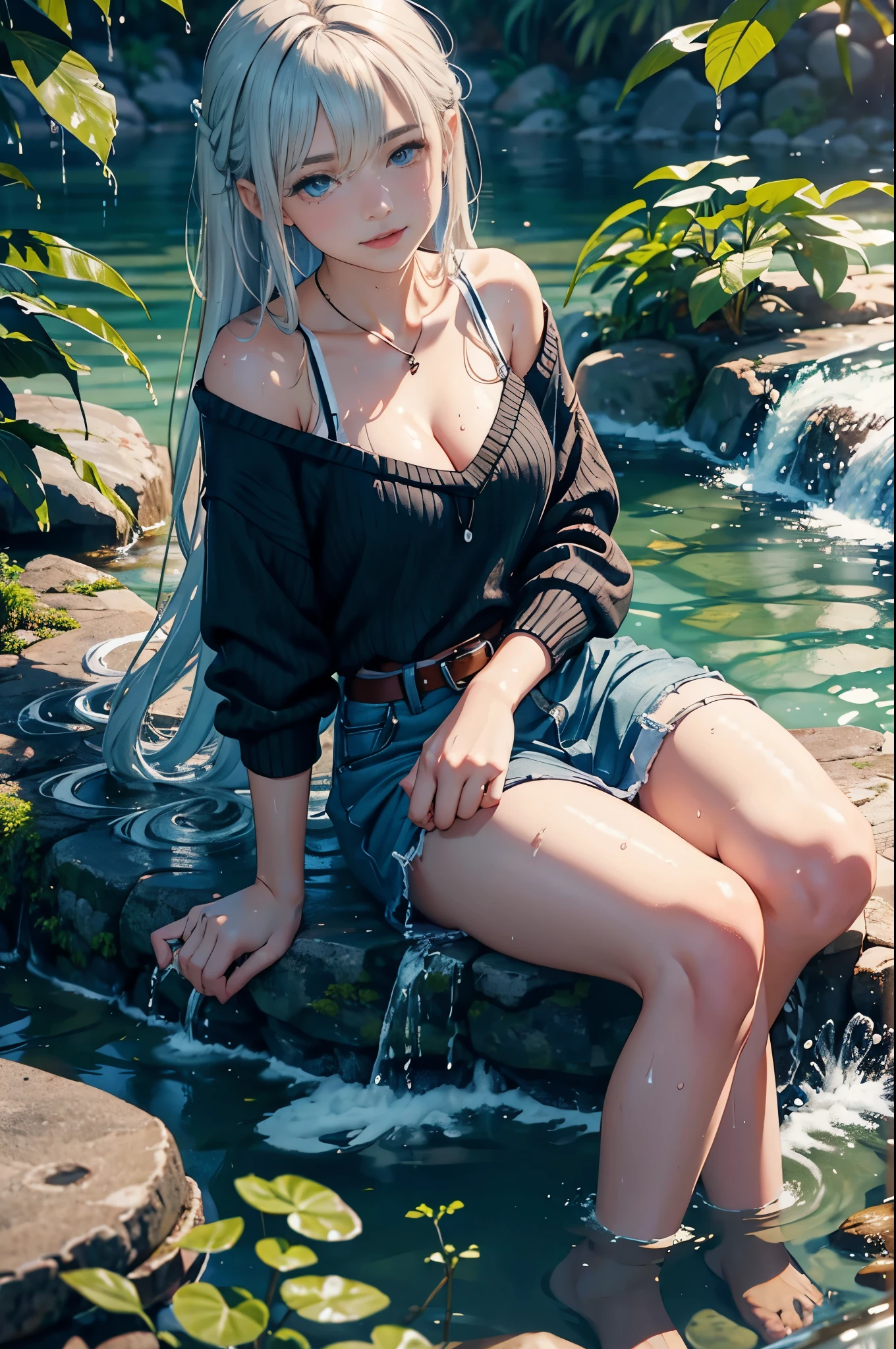 woman sitting in the water, (long hair), bottom angle, in a pond, in water up to her waist, in the water, denim skirt, belt, ((v neck pullover)), white shirt, seated in the water, charli bowater, cute woman, with a waterfalls, casually dressed, wet look, portrait shot, mid shot portrait, playing in water, smiling at viewer, coy, cute shot, narrow depth of field, 8k, nsfw