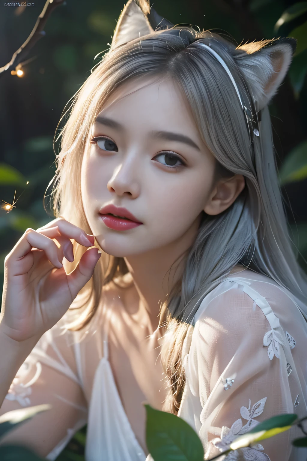 (((best image quality、highest quality、Super high quality 1.5、Super high quality 1.5、32K、pieces fly、RAW photo、very clear image、very clear image quality、Photoreal 1.3、Super detailed 1.2, small details, High resolution, Perfect dynamic structure, masterpiece, surreal,Highly detailed CG unity 32k wallpaper,realistic pictures、real human being、super detailed face、T Masterpiece,)))、(best illustrations),(Best Movies),1 A white-haired girl in a fox pose,Close-up of beautiful woman with gray hair and white mask,beautiful character drawings,Gviz,Gviz-style artwork,white haired god,Written by Jean Jay,Magnificent and beautiful character art,great character art,Fan Qi,Wu Jun Sifan,Gouvitz on the pixiv art station,Glowing Sprites,森をテーマにしたnatureの要素。Mysterious Forest,beautiful forest,nature,surrounded by flowers,Fireflies surround the delicate leaves and branches(natureの要素),(Jungle theme),(autumn leaves),(tree branch),(glow worm),(particle effects), octane rendering,ray tracing,very careful、fox ears、squat