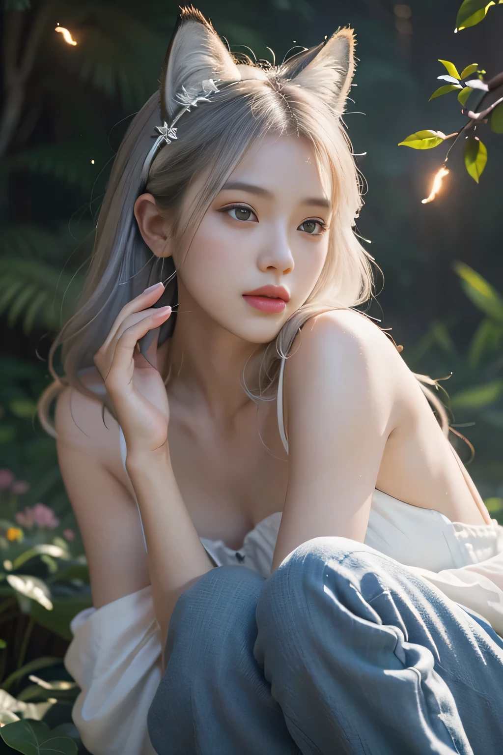 (((best image quality、highest quality、Super high quality 1.5、Super high quality 1.5、32K、pieces fly、RAW photo、very clear image、very clear image quality、Photoreal 1.3、Super detailed 1.2, small details, High resolution, Perfect dynamic structure, masterpiece, surreal,Highly detailed CG unity 32k wallpaper,realistic pictures、real human being、super detailed face、T Masterpiece，)))、（best illustrations），（Best Movies），1 A white-haired girl in a fox pose，Close-up of beautiful woman with gray hair and white mask，beautiful character drawings，Gviz，Gviz-style artwork，white haired god，Written by Jean Jay，Magnificent and beautiful character art，great character art，Fan Qi，Wu Jun Sifan，Gouvitz on the pixiv art station，Glowing Sprites，森をテーマにしたnatureの要素。Mysterious Forest，beautiful forest，nature，surrounded by flowers，Fireflies surround the delicate leaves and branches（natureの要素），（Jungle theme），（autumn leaves），（tree branch），（glow worm），（particle effects）， octane rendering，ray tracing，very careful、fox ears、squat
