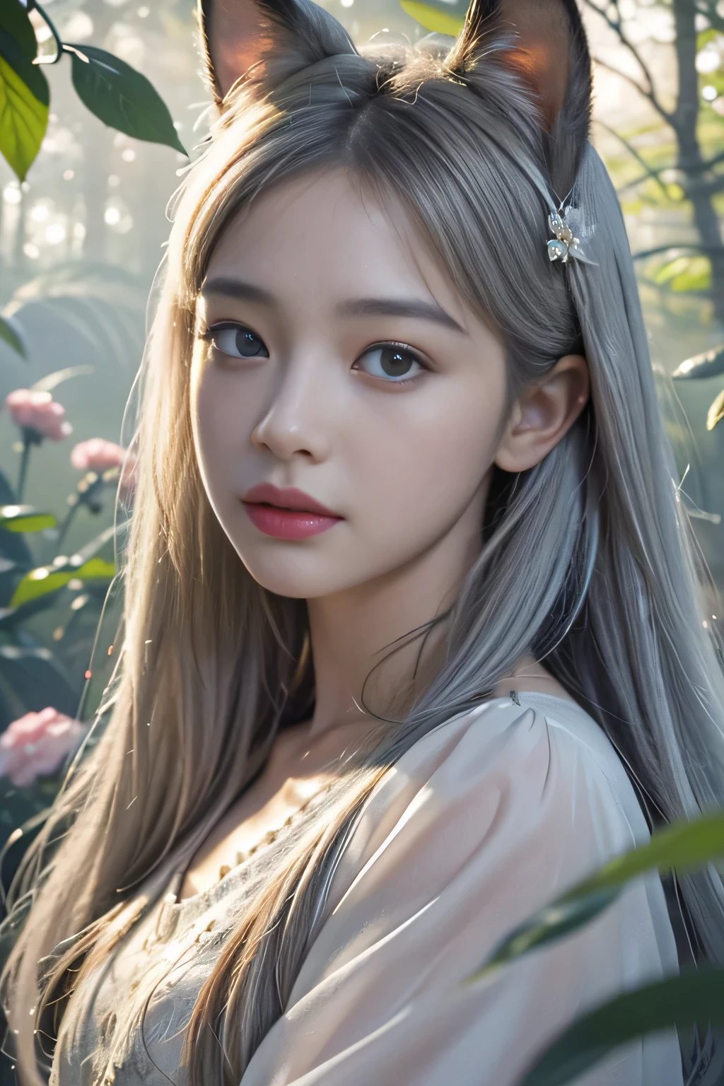 (((best image quality、highest quality、Super high quality 1.5、Super high quality 1.5、32K、pieces fly、RAW photo、very clear image、very clear image quality、Photoreal 1.3、Super detailed 1.2, small details, High resolution, Perfect dynamic structure, masterpiece, surreal,Highly detailed CG unity 32k wallpaper,realistic pictures、real human being、super detailed face、T Masterpiece,)))、(best illustrations),(Best Movies),1 A white-haired girl in a fox pose,Close-up of beautiful woman with gray hair and white mask,beautiful character drawings,Gviz,Gviz-style artwork,white haired god,Written by Jean Jay,Magnificent and beautiful character art,great character art,Fan Qi,Wu Jun Sifan,Gouvitz on the pixiv art station,Glowing Sprites,森をテーマにしたnatureの要素。Mysterious Forest,beautiful forest,nature,surrounded by flowers,Fireflies surround the delicate leaves and branches(natureの要素),(Jungle theme),(autumn leaves),(tree branch),(glow worm),(particle effects), octane rendering,ray tracing,very careful、fox ears、squat