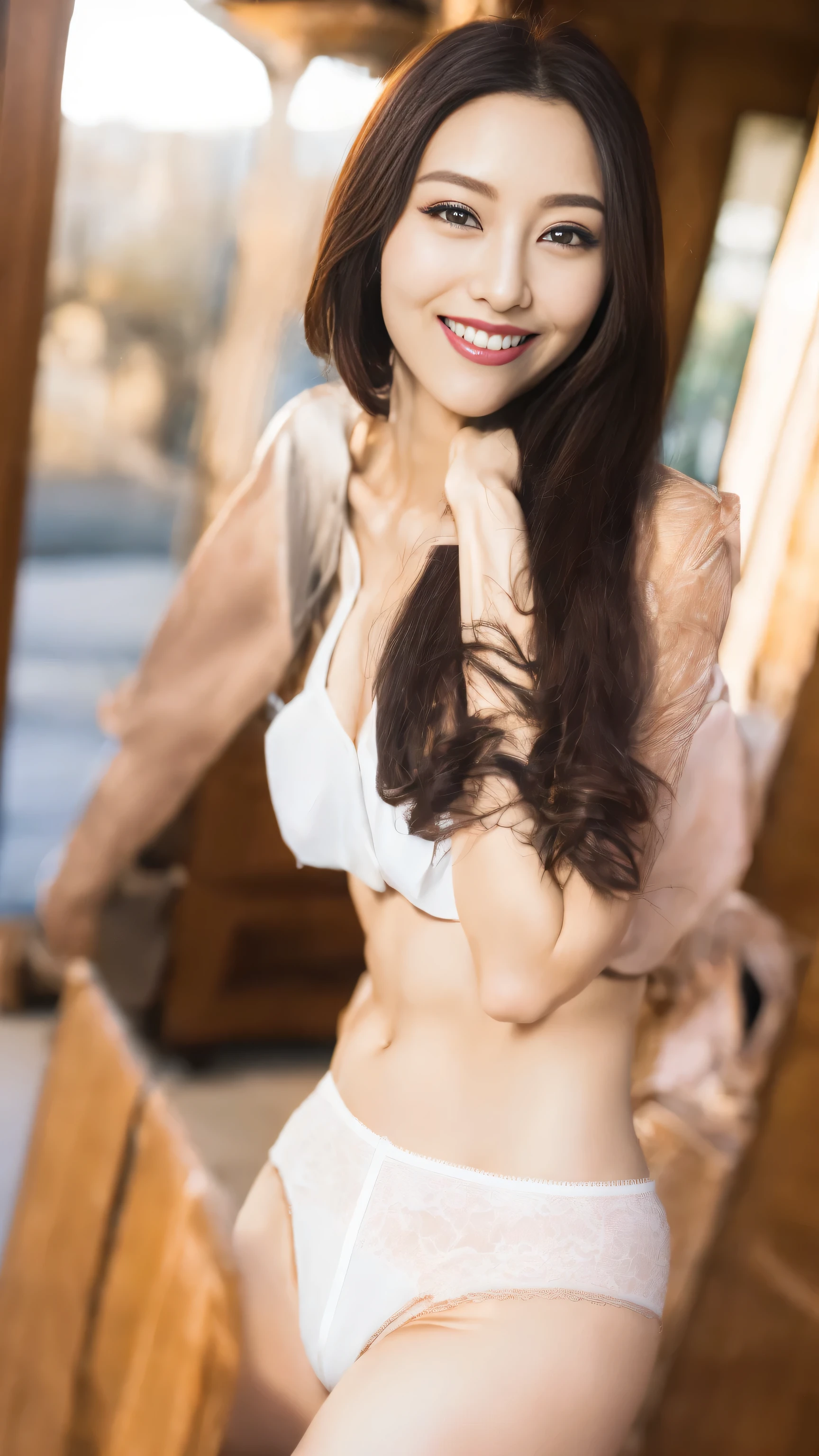 nice images,clear focus,perfect brown eyes,bright red lips,long hair,Home,Look head-on,full pose,wonderful faces..,It looks beautiful。,(((White hollow sexy underwear))),((A satisfied smile)),extra focus,Radiant face,facial details,8K resolution,