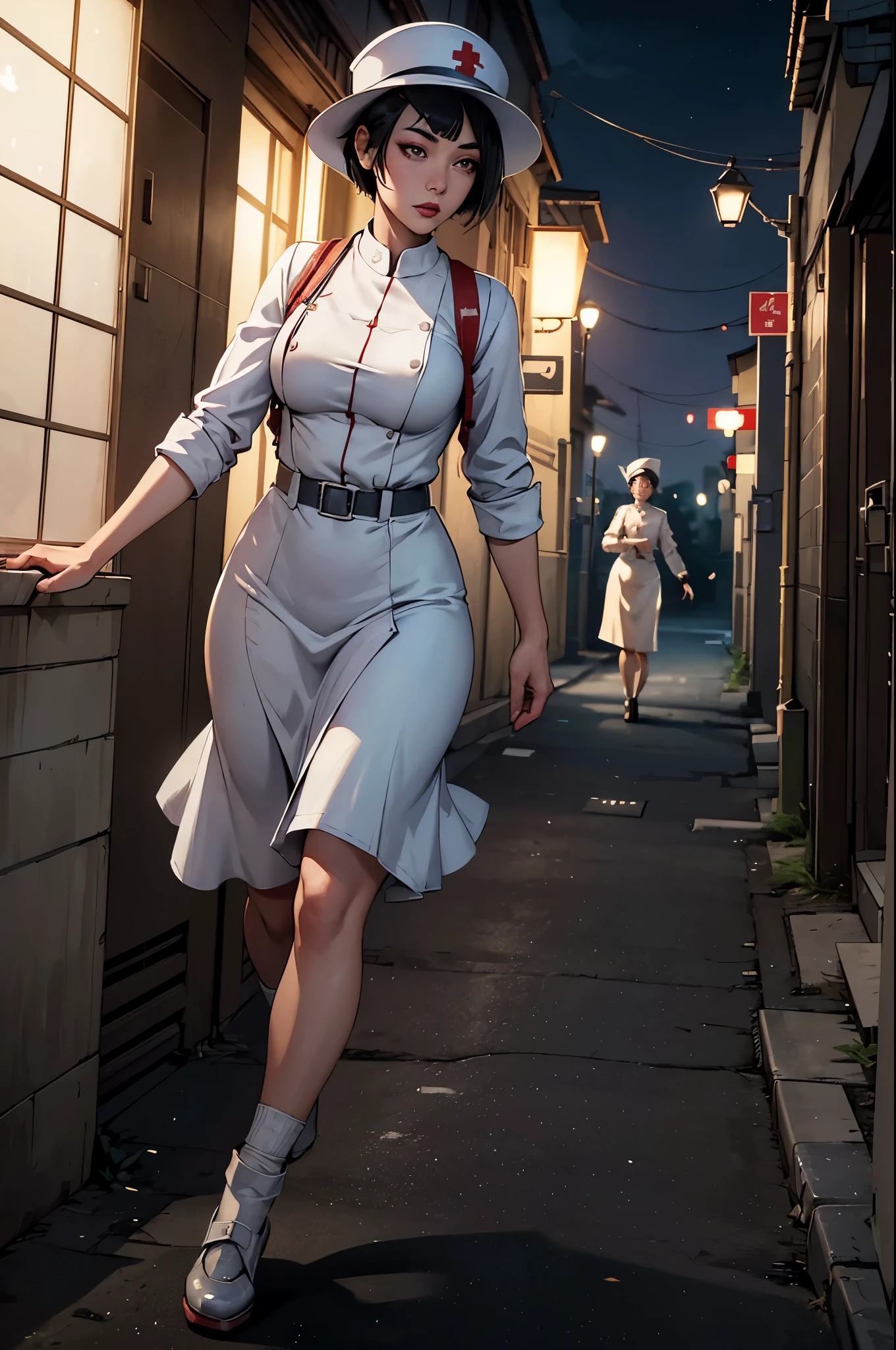Asian WW2 nurse, ((beautiful face)) (short hair), (makeup), white uniform and nurse's hat, ((full body shot)) runs toward viewer looking back, scared, behind her in the shadows a giant preying mantis, ((deserted WW2 European street)) ((spooky night)), dramatic lighting, (depth of field), ((masterpiece)), ((best quality)), ((highly detailed))