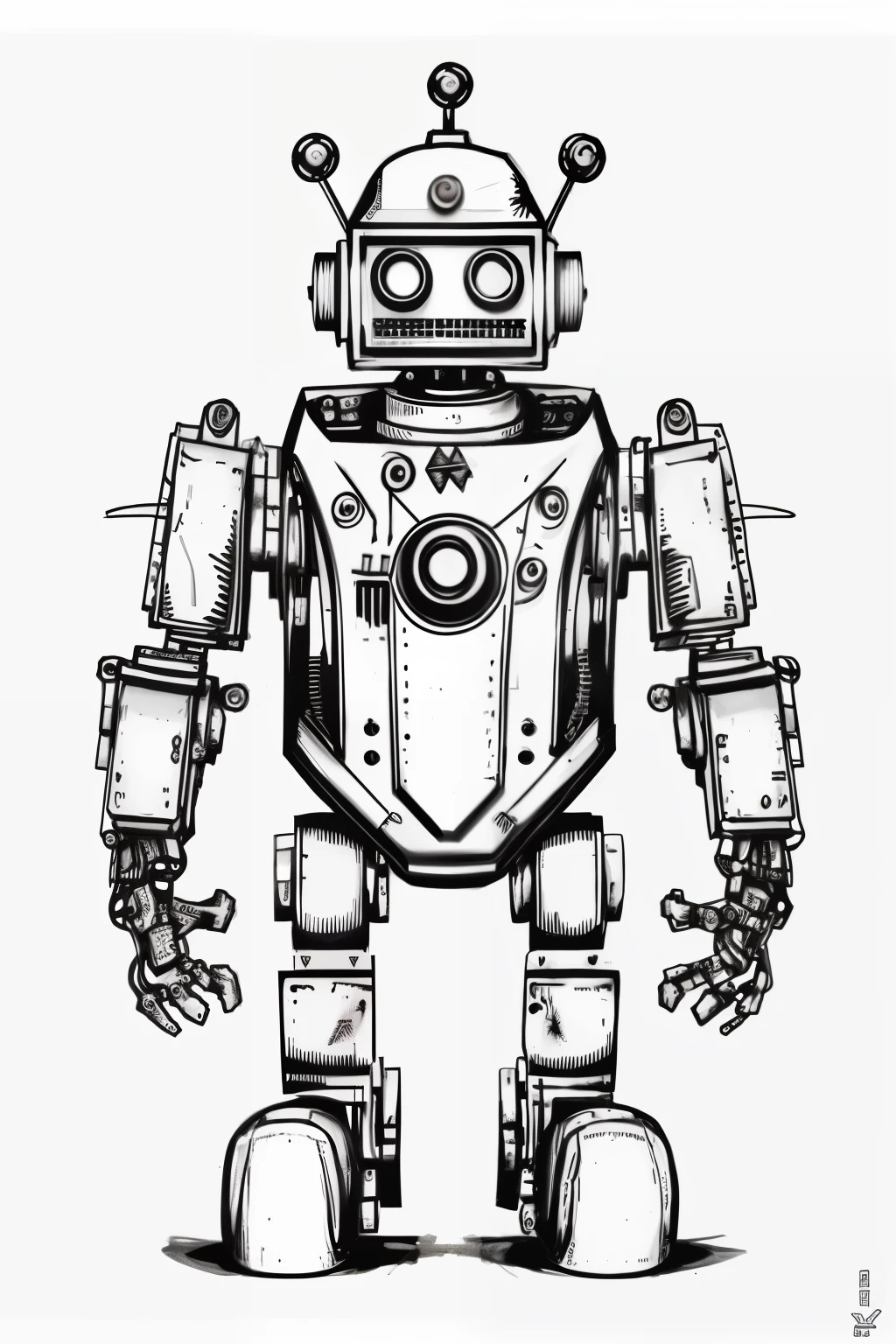 a drawing of a robot with a broken arm and a broken leg, robot design, cute elaborate epic robot, steampunk robot, robot body, mechanical robot body, vintage robotics, large robot, robot punk futuriste geometrie, body of a robot, concept robot, futuristic robot, cybertronic robot, futuristic robot body, a robot, detailed cosmic angelic robot, mech robot